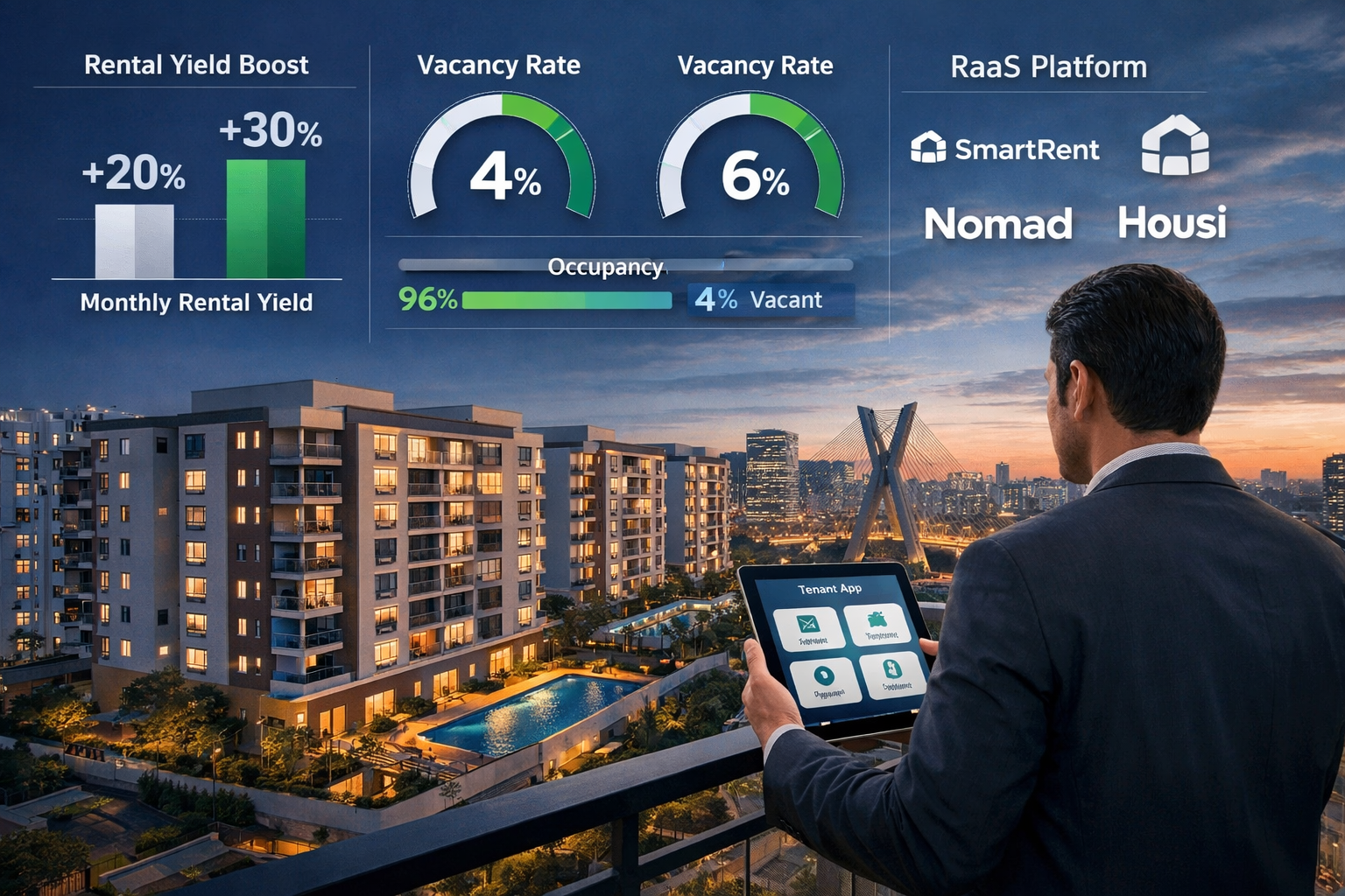 Wide-angle editorial illustration of a Brazilian mid-tier condominium complex with digital dashboard showing occupancy