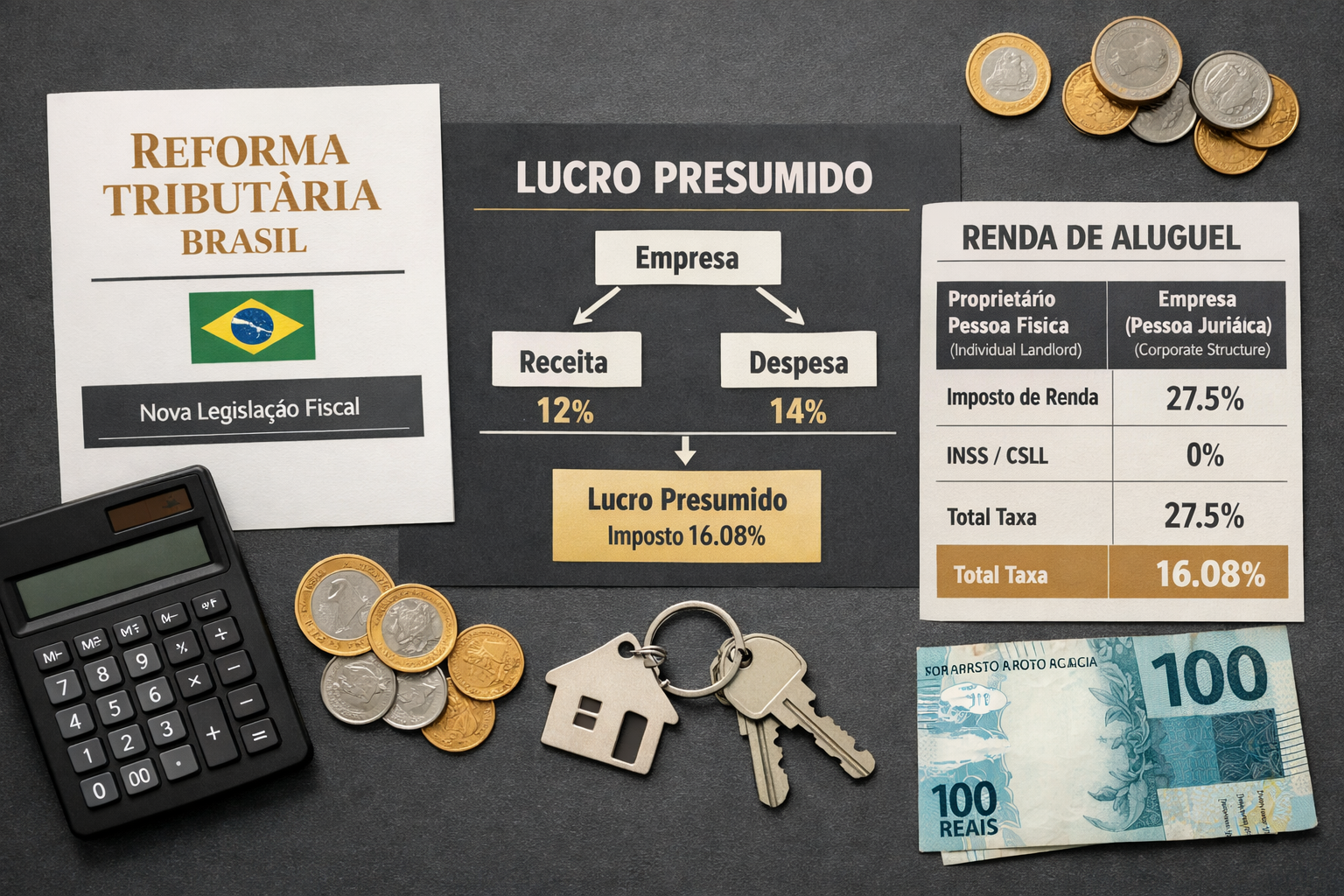 Flat-lay infographic style image showing a Brazilian tax reform document alongside a Lucro Presumido company structure