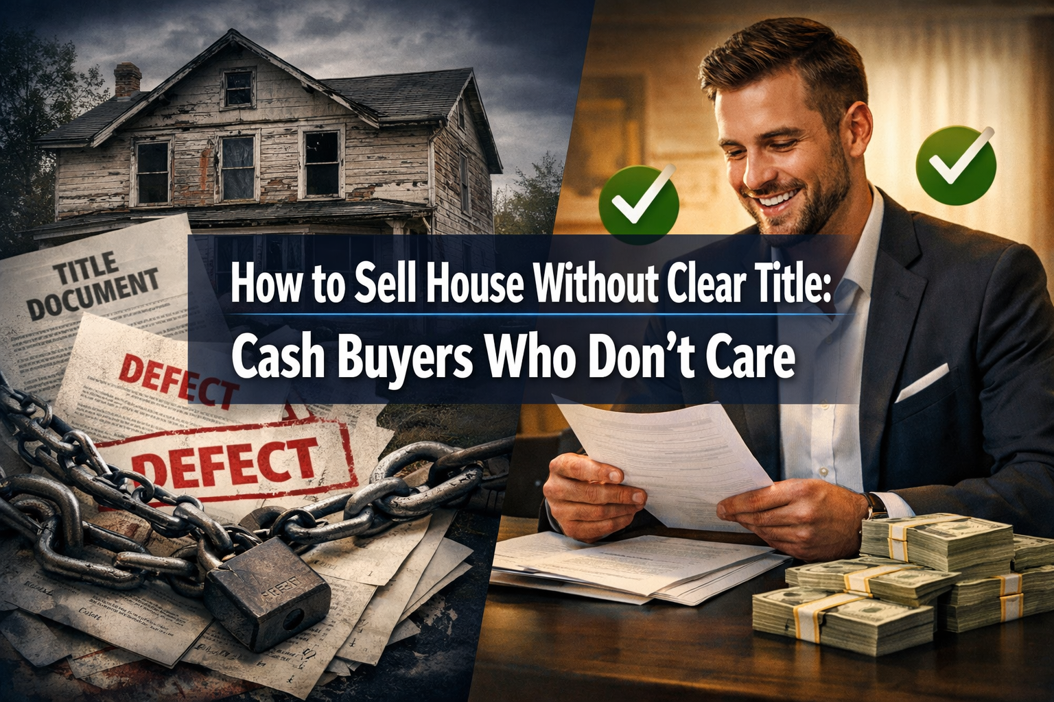 Professional landscape format (1536x1024) hero image featuring bold text overlay 'How to Sell House Without Clear Title: Cash Buyers Who Don