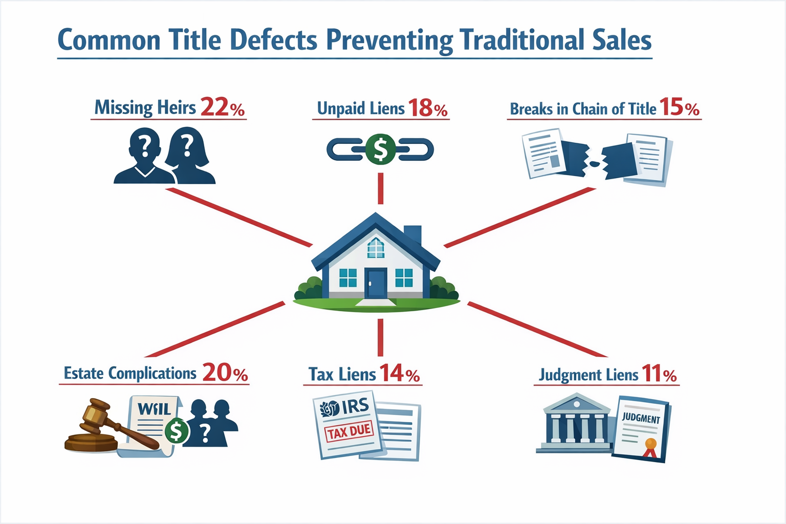 Landscape format (1536x1024) detailed infographic showing common title defects that prevent traditional sales: visual flowchart with house i