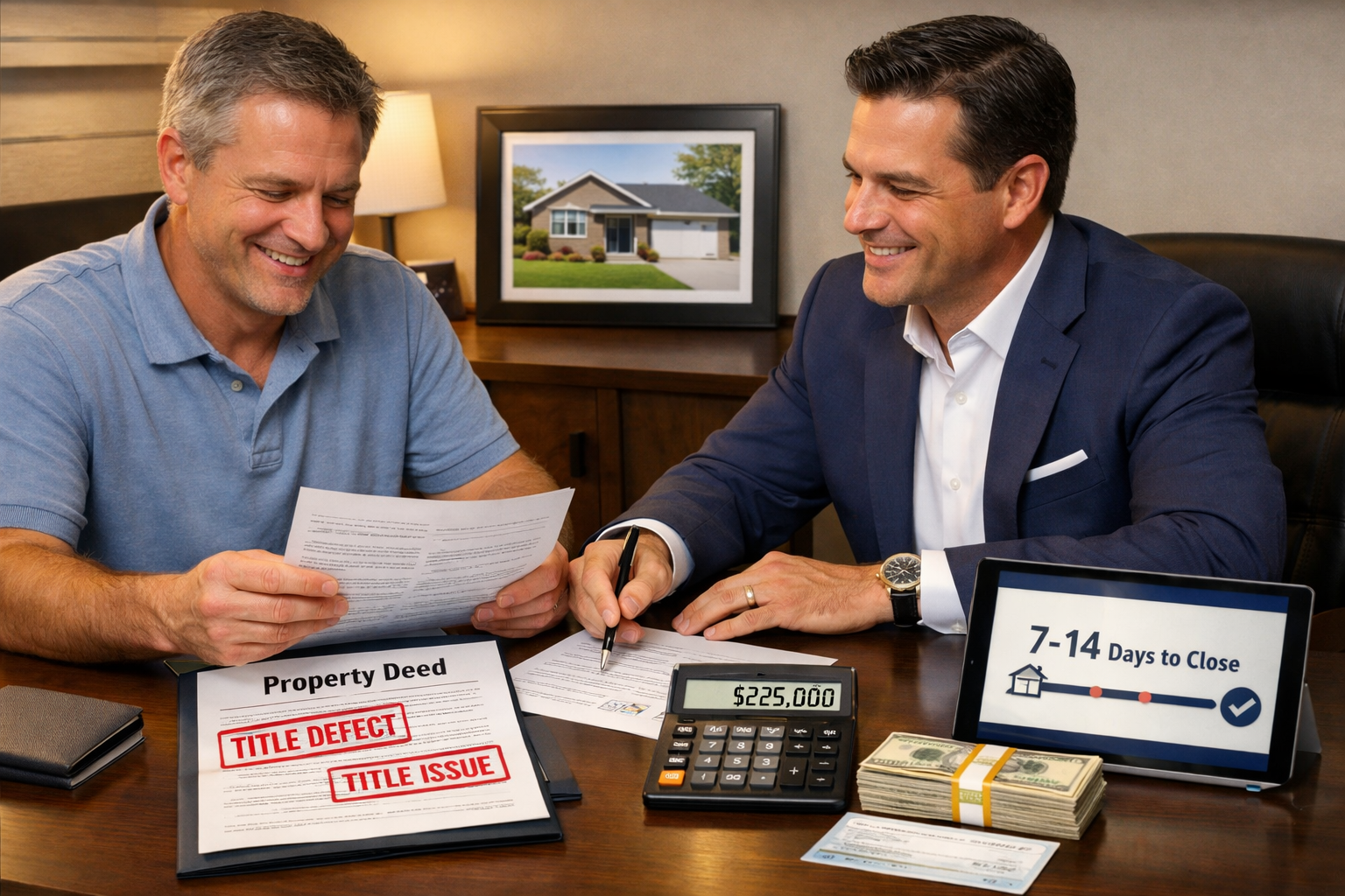 Landscape format (1536x1024) professional scene showing cash buyer transaction process: modern office setting with confident buyer in busine