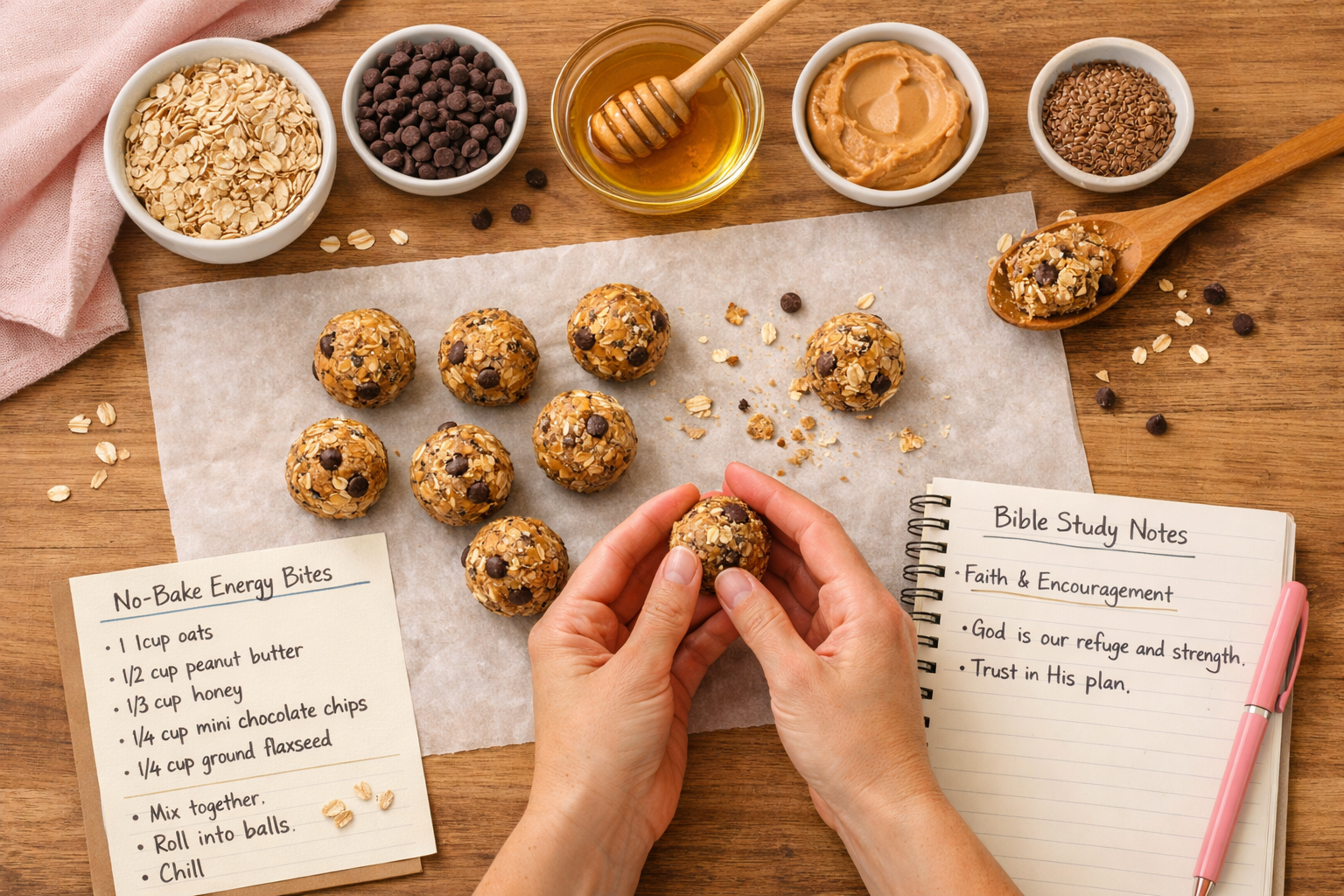 Landscape editorial image (1536x1024) showing hands preparing simple no-bake energy balls on parchment paper, ingredients like oats, honey, 
