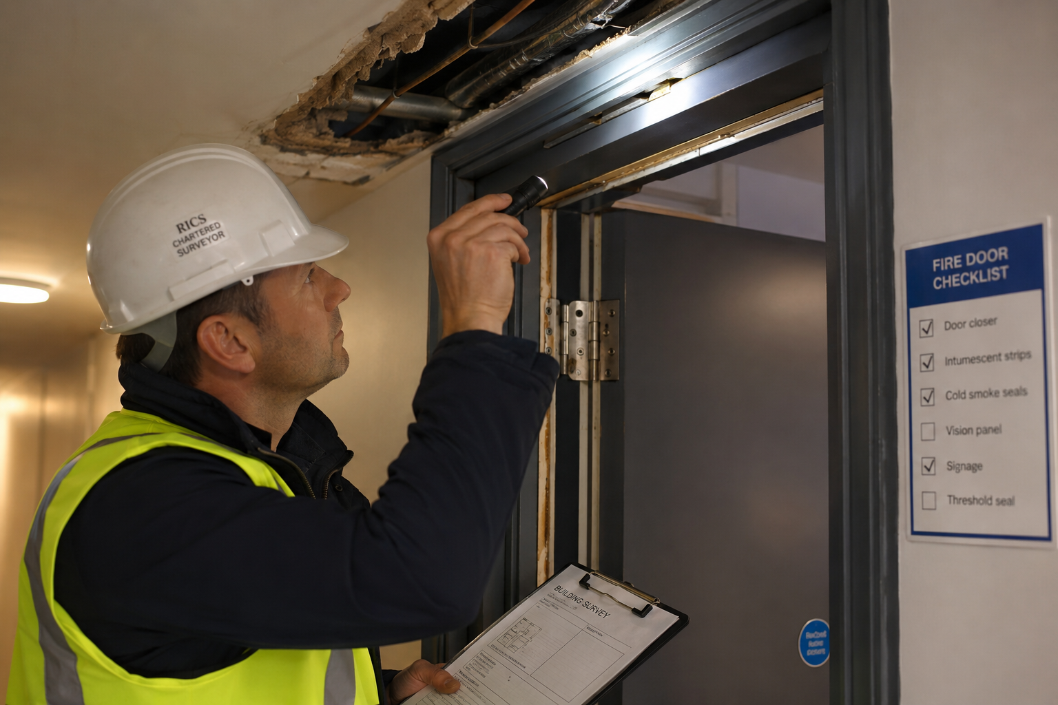 Close-up technical inspection scene inside a UK apartment block corridor: a chartered building surveyor in hard hat and