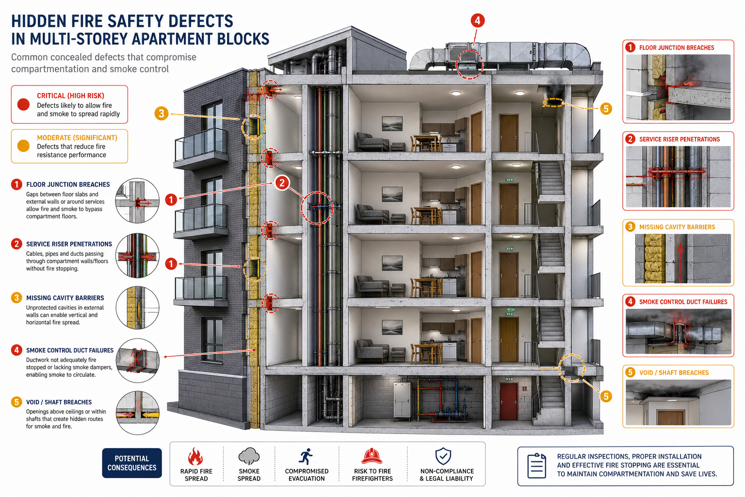 Detailed cross-section architectural diagram illustration of a multi-storey apartment block showing hidden fire safety