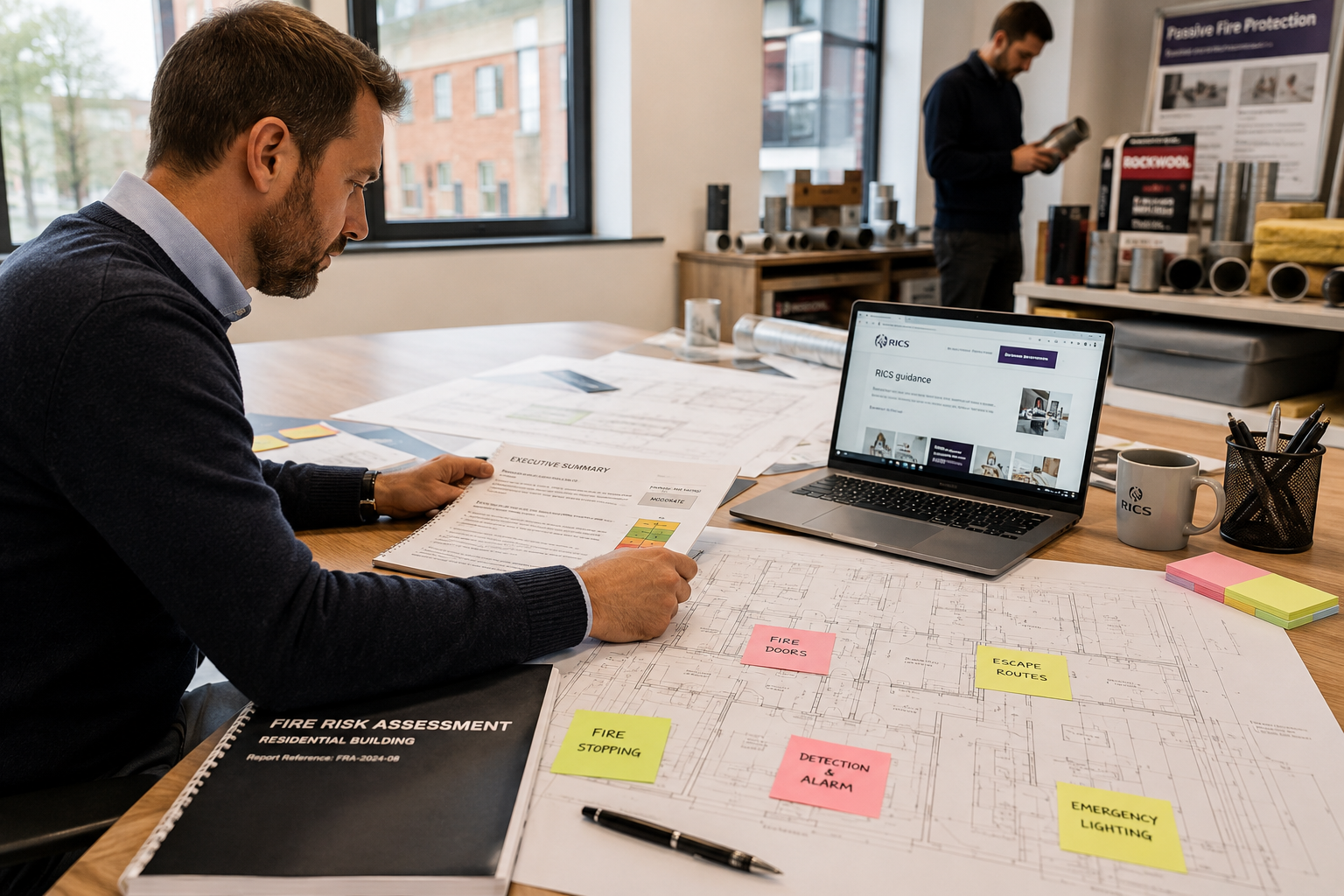 Wide-angle view of a building surveyor at a desk reviewing a detailed fire risk assessment report and floor plans spread
