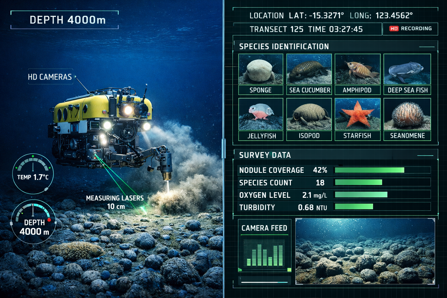 Landscape format (1536x1024) detailed illustration showing split-screen composition: left side displays ROV equipped with HD cameras and sam