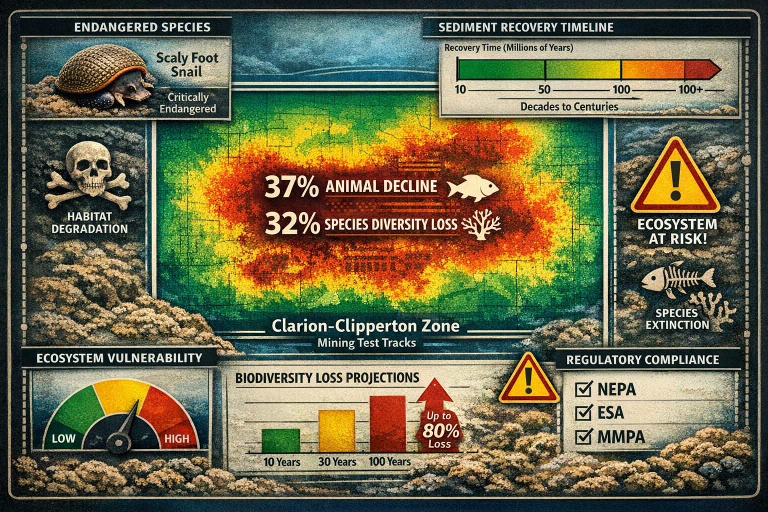 Landscape format (1536x1024) comprehensive risk assessment matrix visualization showing deep-sea mining impact zones. Central image features