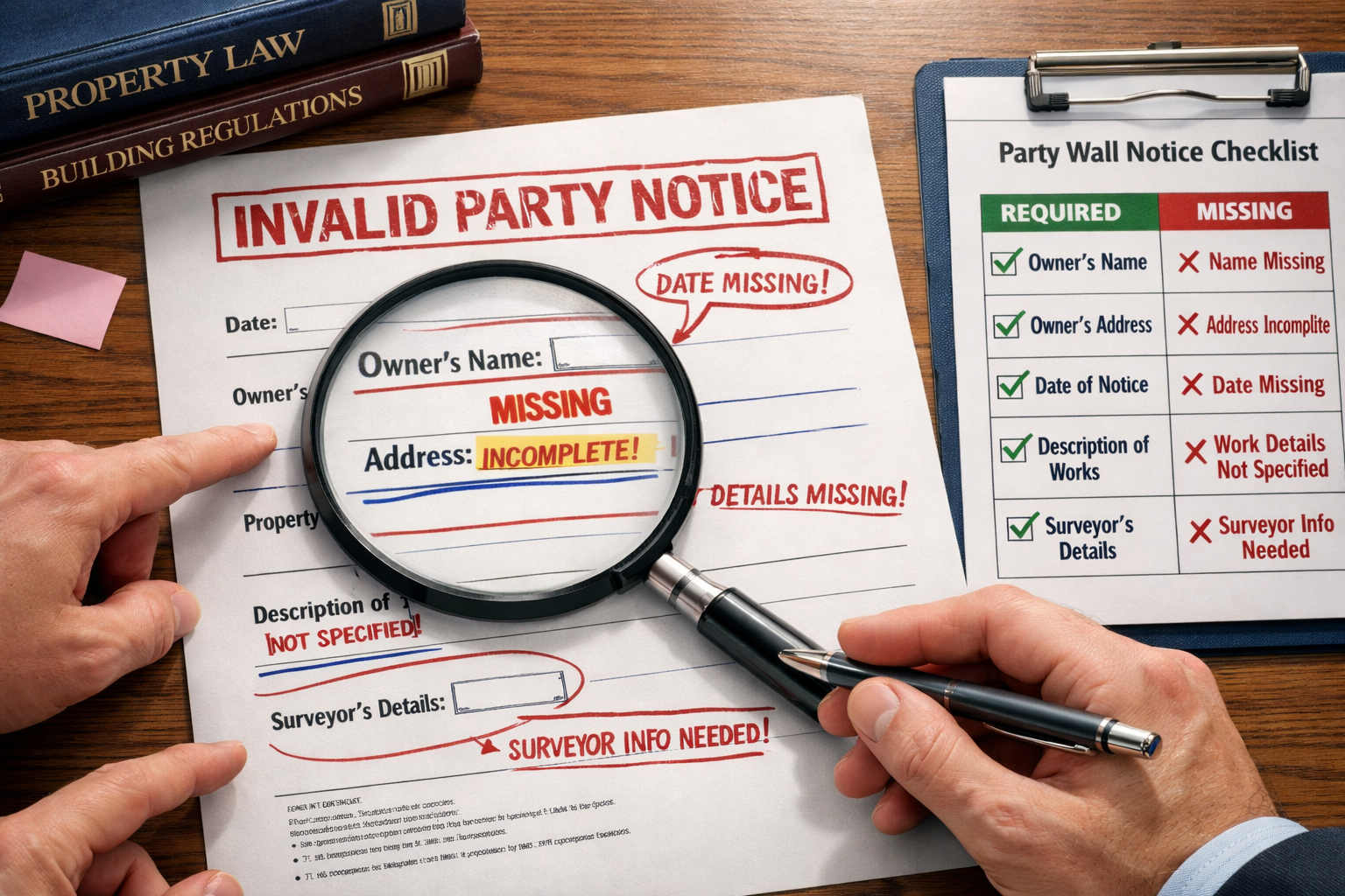 Detailed () image showing close-up of invalid party wall notice document with red stamps and annotations highlighting