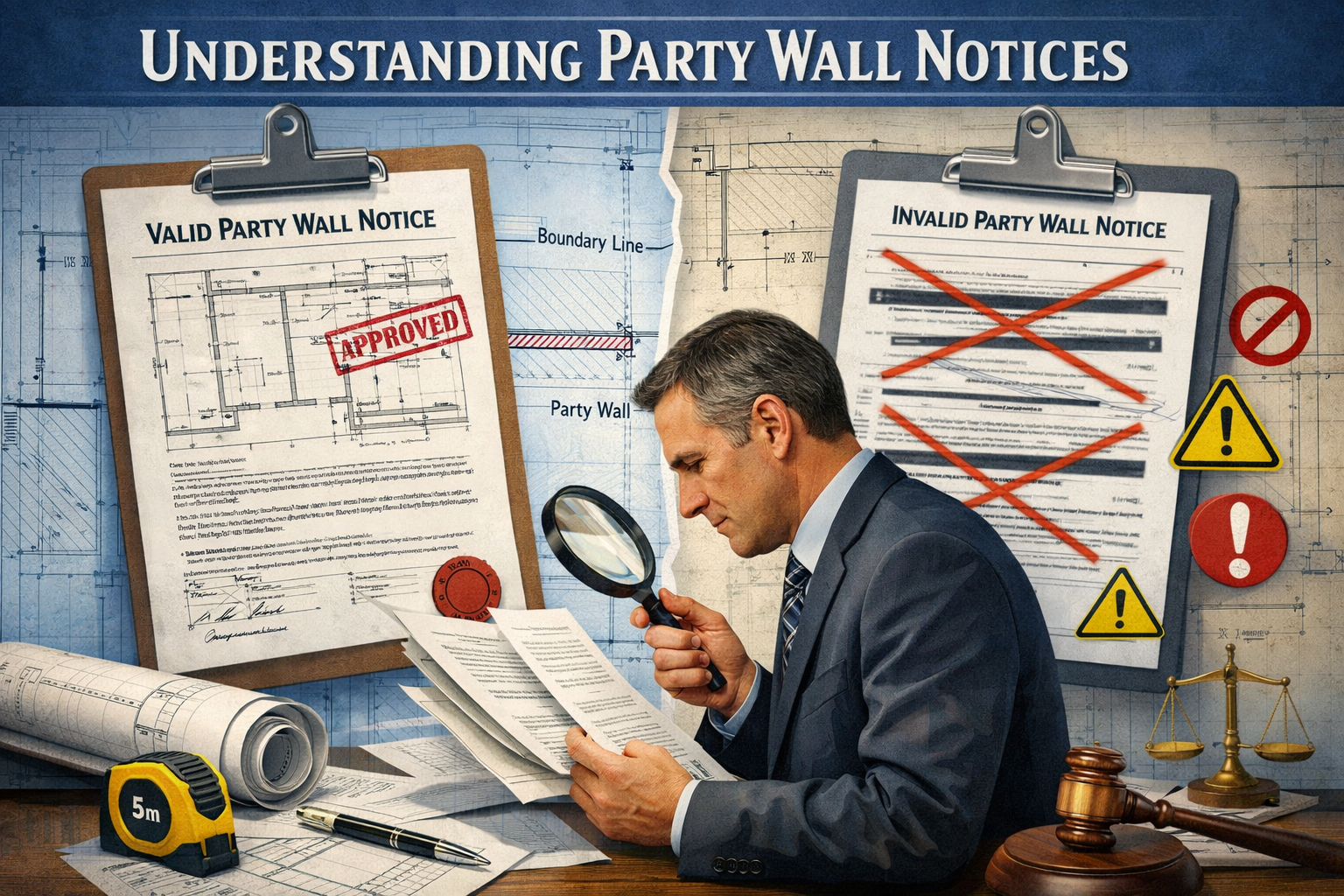 Professional editorial illustration depicting 'Understanding Party Wall Notices' with a split architectural blueprint