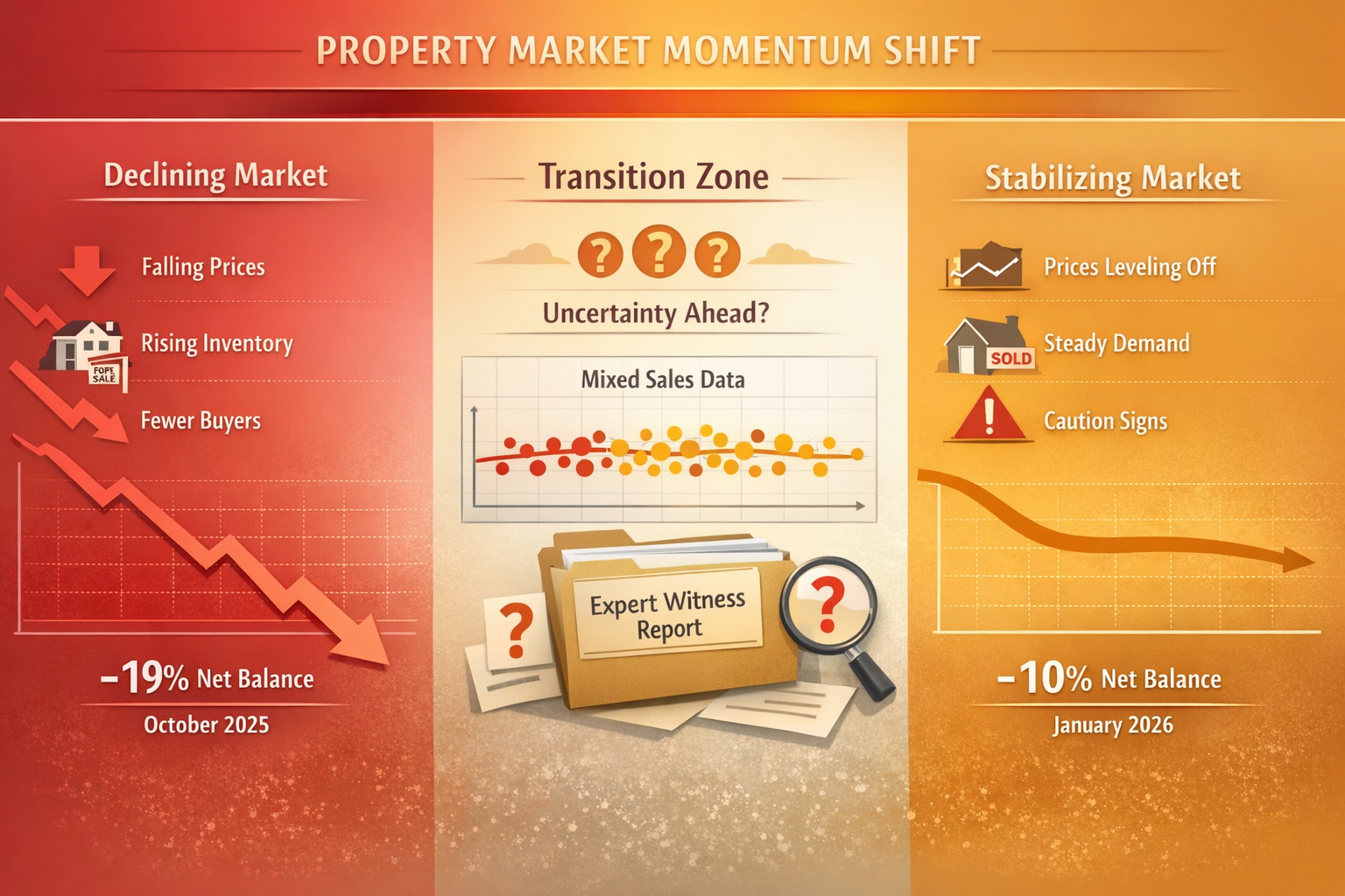 () detailed infographic showing property market momentum shift visualization with two contrasting sections: left side