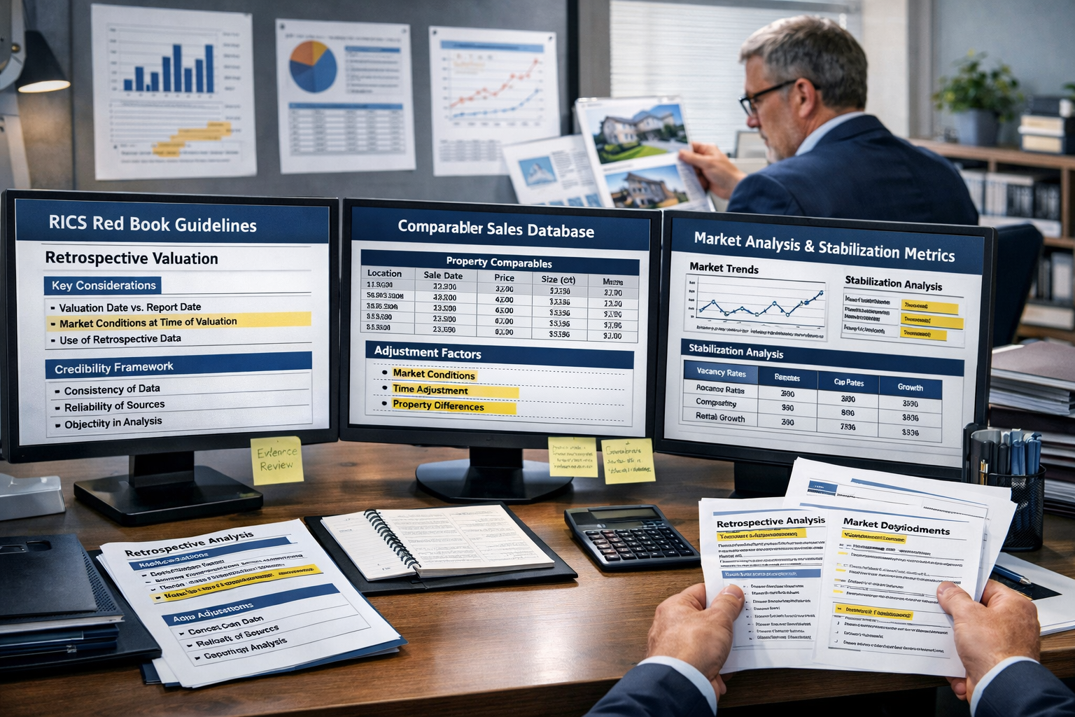 () detailed scene showing expert witness preparing credible evidence in modern office environment. Foreground displays