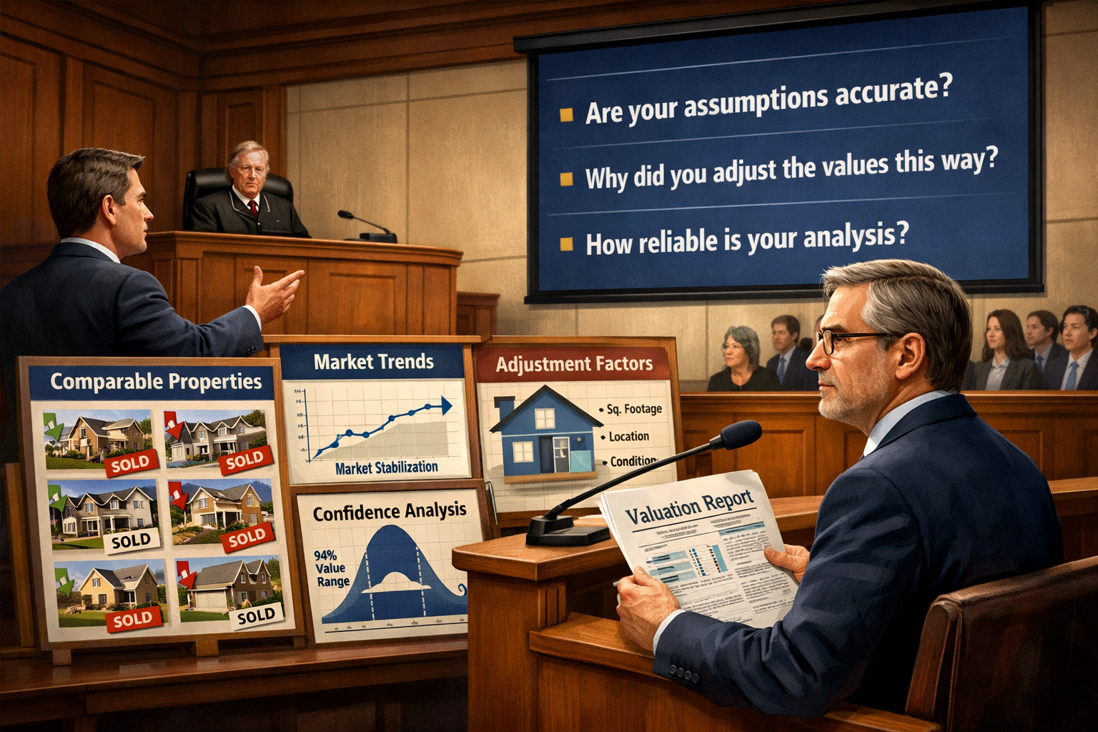 () conceptual illustration of courtroom cross-examination scenario focused on expert witness testimony. Scene shows witness