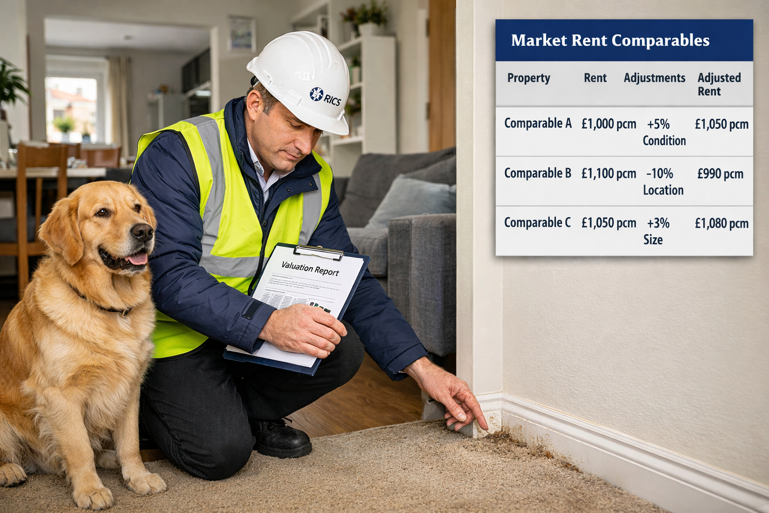 () professional scene showing an RICS-accredited chartered surveyor at a residential property inspection: surveyor in hard