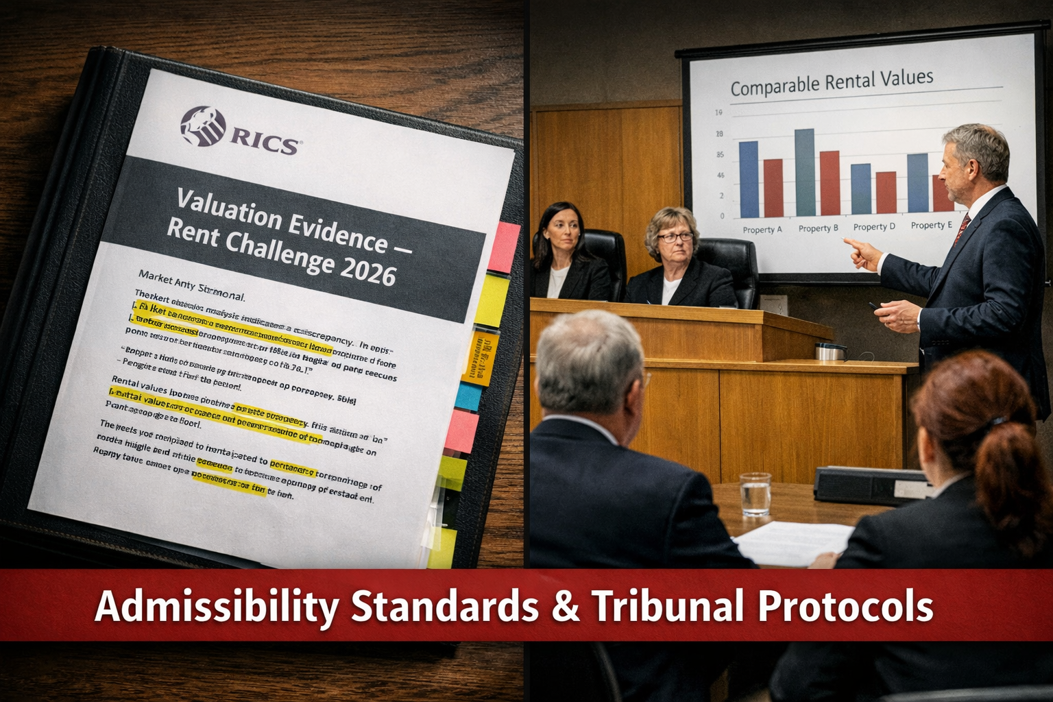 () split-composition courtroom evidence scene: on the left, a close-up of a formal expert witness report binder labeled