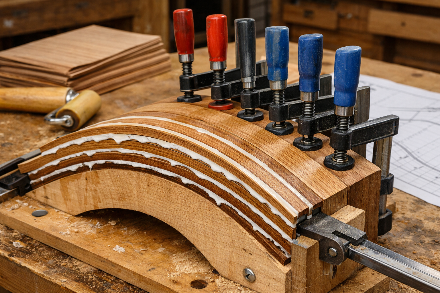 Detailed () image illustrating the core concept of wood lamination for bending; a close-up of several thin wood veneers