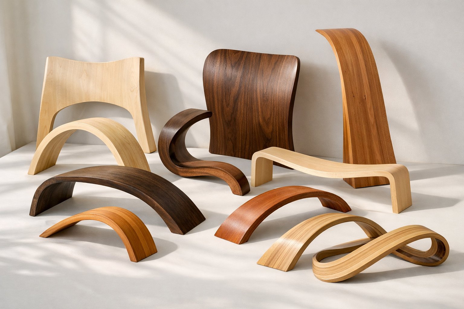 Detailed () image showcasing a variety of finished curved furniture components created using wood bending with lamination.
