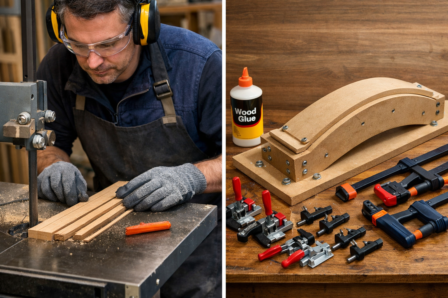 Detailed () image depicting the step-by-step process of preparing veneers and setting up a bending jig. A split-panel