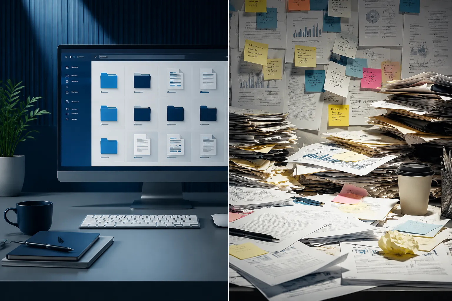 Editorial () image showing a split-screen composition: left side displays organized digital folders and documents on a