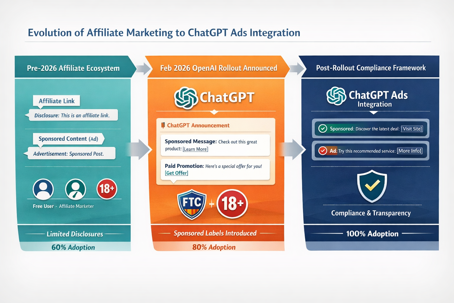 Landscape format (1536x1024) detailed infographic showing the evolution timeline from traditional affiliate marketing to ChatGPT ads integra
