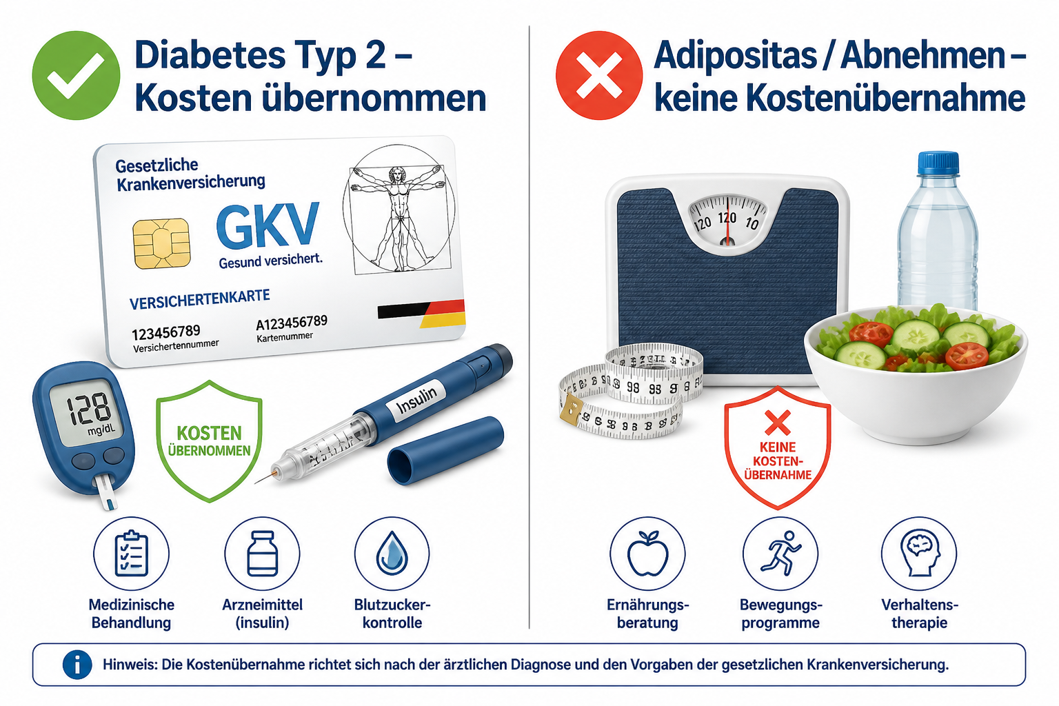 Mounjaro Krankenkasse: Wann übernimmt die Kasse die Kosten? () informational illustration showing a split-screen comparison: left side shows a green checkmark with label 'Diabetes Typ