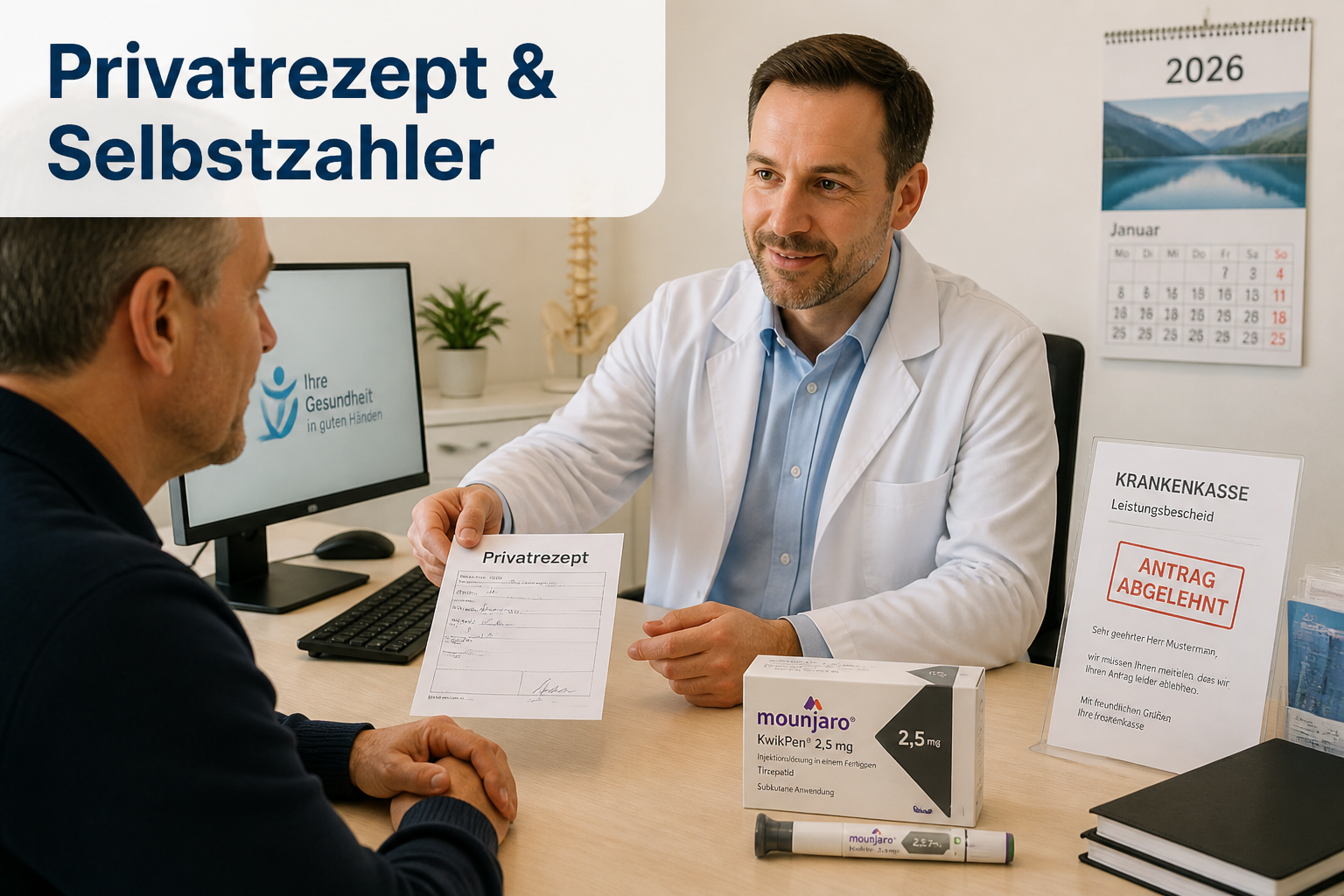 Mounjaro Krankenkasse: Wann übernimmt die Kasse die Kosten? () scene showing a German patient in a doctor's office, doctor handing over a 'Privatrezept' document with Mounjaro