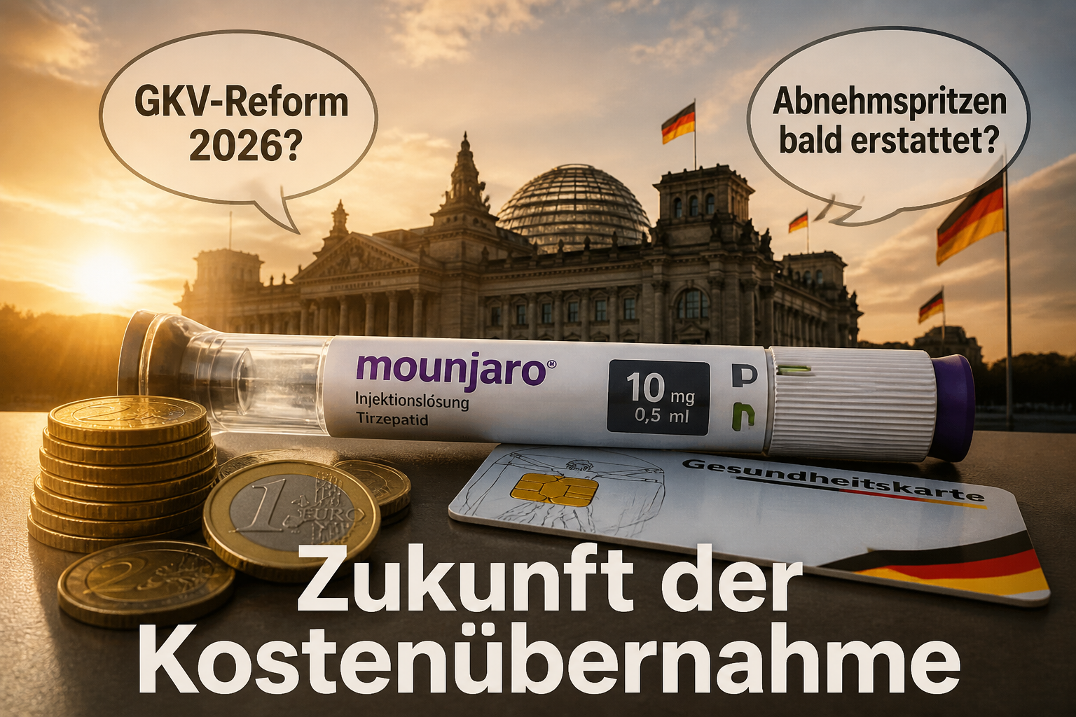 Mounjaro Krankenkasse: Wann übernimmt die Kasse die Kosten? () upward-looking hopeful scene showing a German parliament building silhouette in background with speech bubbles containing