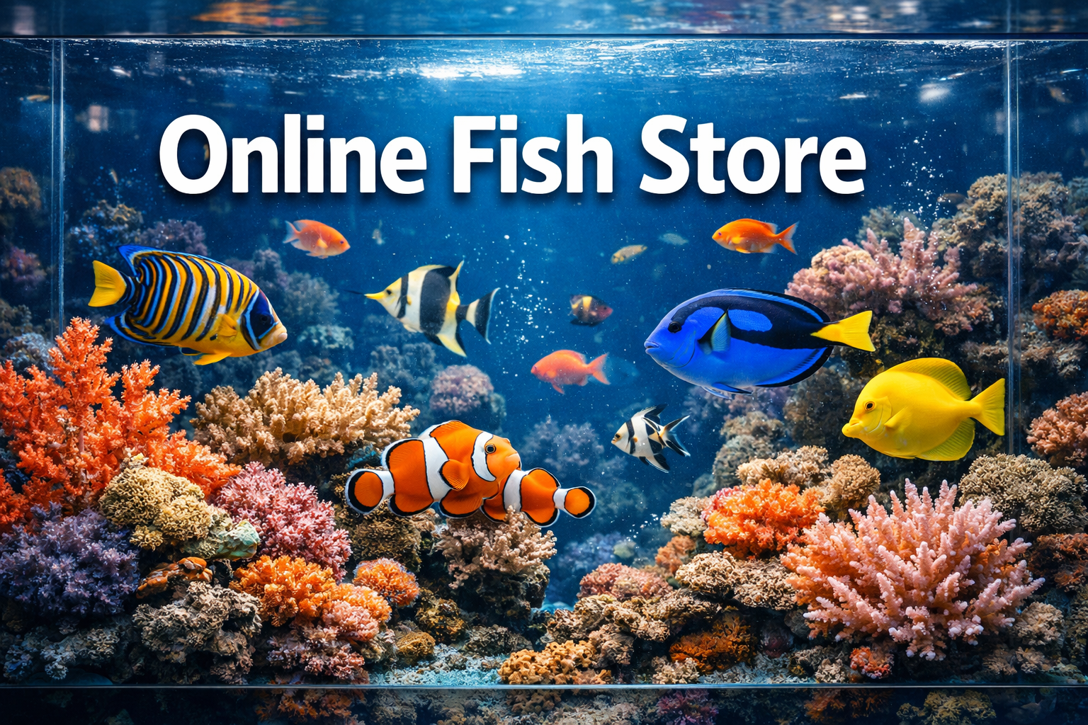 Professional landscape hero image (1536x1024) featuring bold text overlay 'Online Fish Store' in extra large 72pt white sans-serif font with