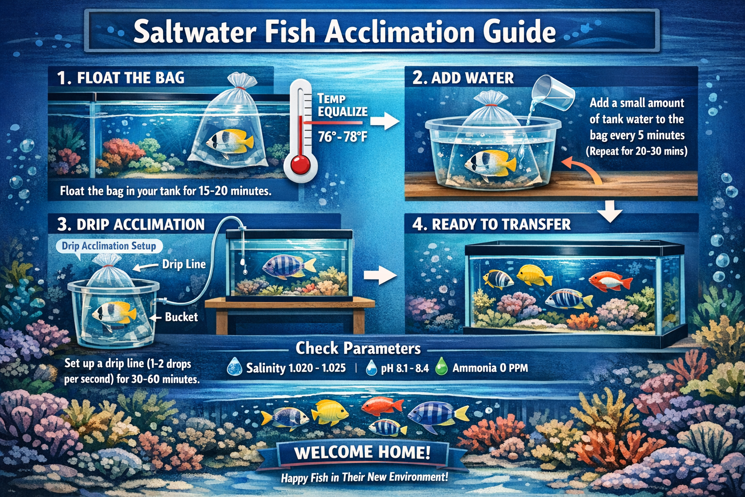 Interactive visual guide showing proper saltwater fish acclimation process with step-by-step illustrations, temperature gauges, drip acclima