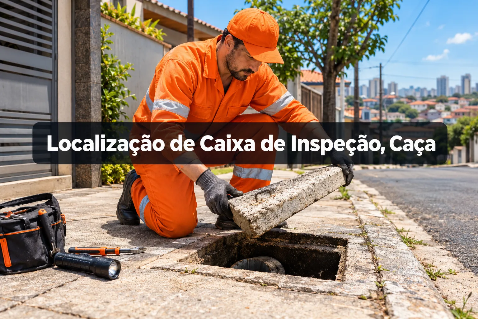 Professional () hero image with (≤42 chars): 'Localização de Caixa de Inspeção, Caça', white on a dark semi-transparent