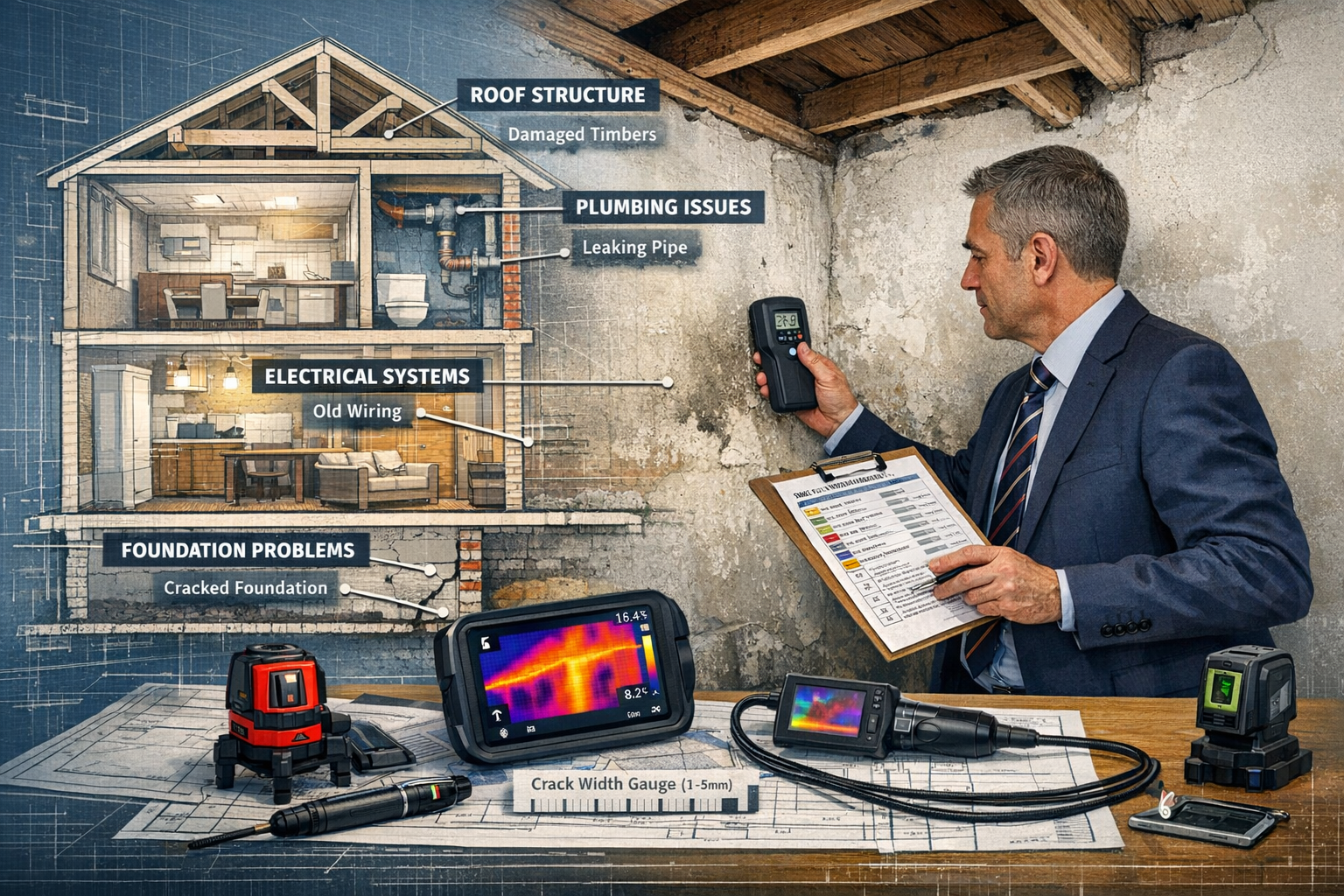 Detailed () image depicting professional RICS chartered surveyor conducting detailed Level 3 building survey inside rental