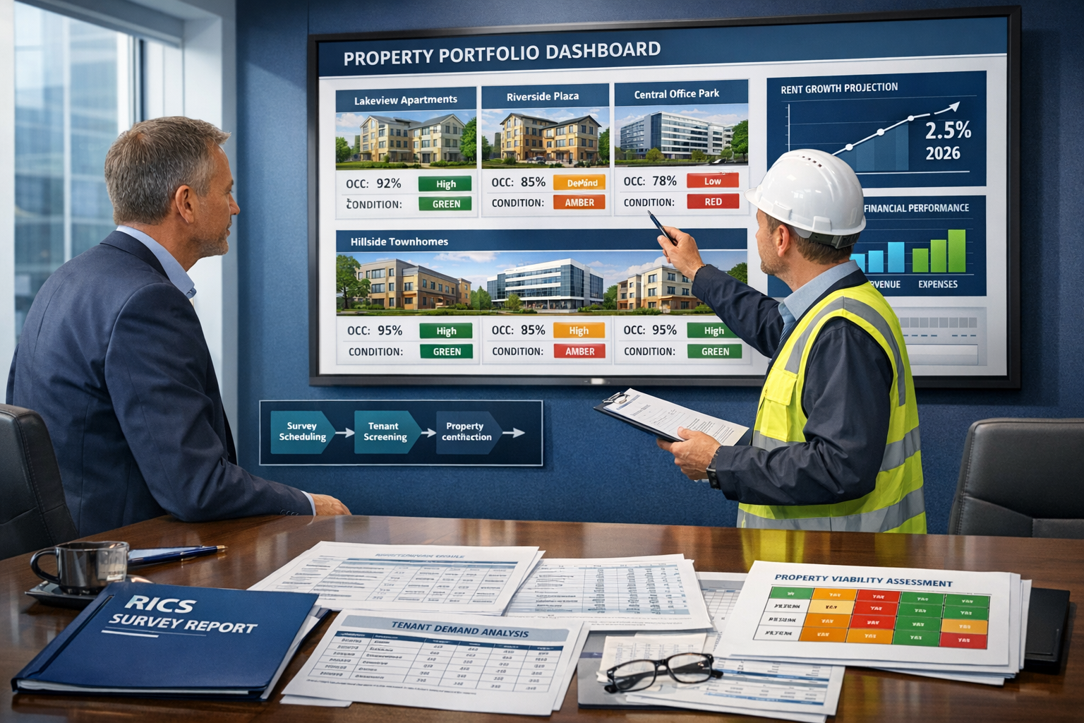 Detailed () image showing institutional property portfolio management scenario with professional property manager and