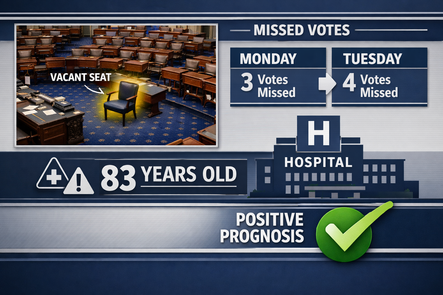 Landscape format (1536x1024) detailed infographic showing Senate chamber with empty seat highlighted, timeline graphic displaying Monday-Tue
