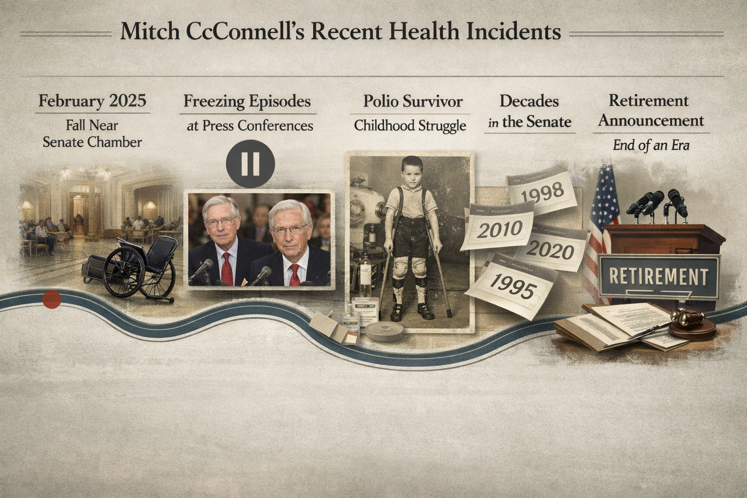 Landscape format (1536x1024) visual timeline showing McConnell's recent health incidents: February 2025 falls near Senate chamber with wheel