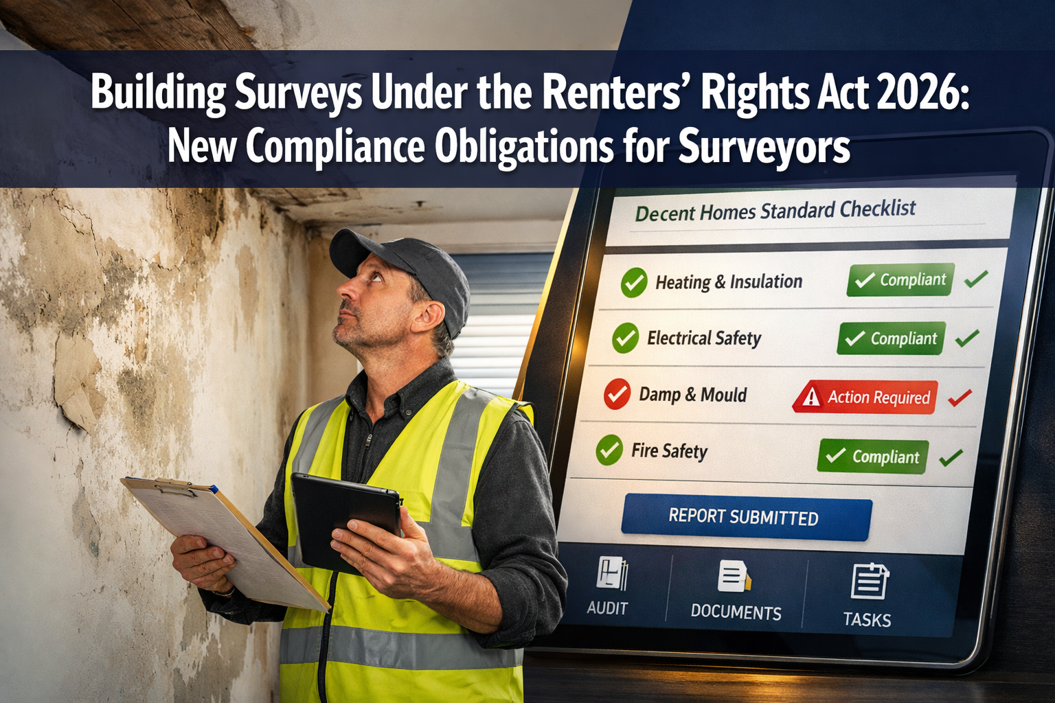 Professional () hero image featuring 'Building Surveys Under the Renters' Rights Act 2026: New Compliance Obligations for
