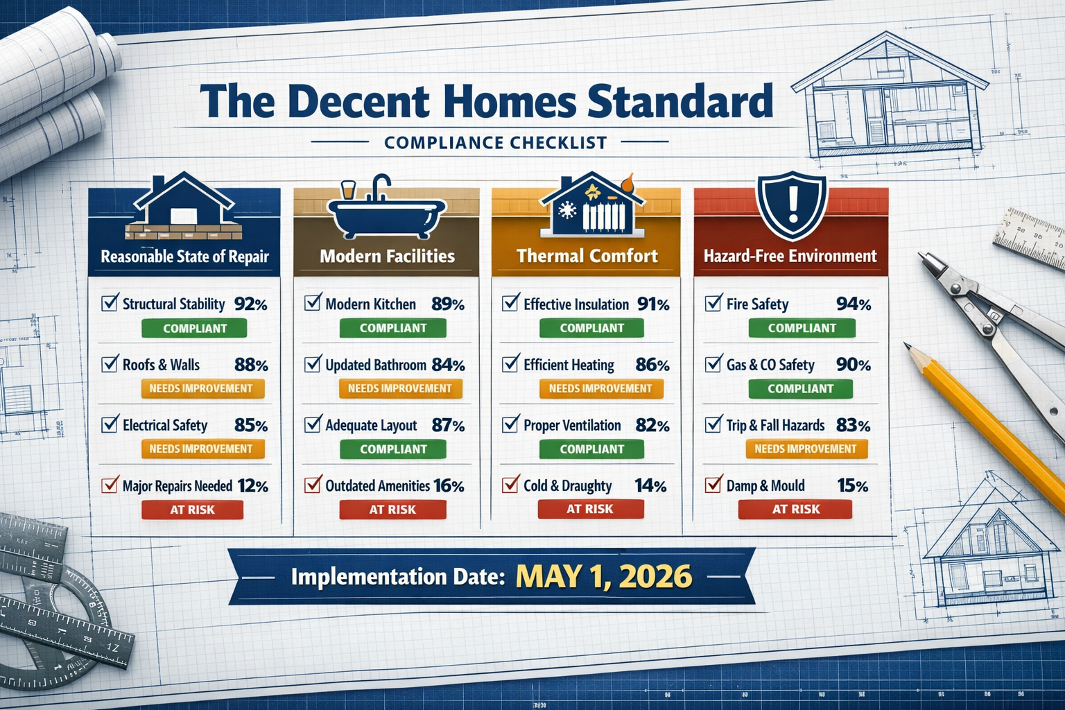 () detailed infographic showing the Decent Homes Standard compliance criteria as a visual checklist with four main pillars: