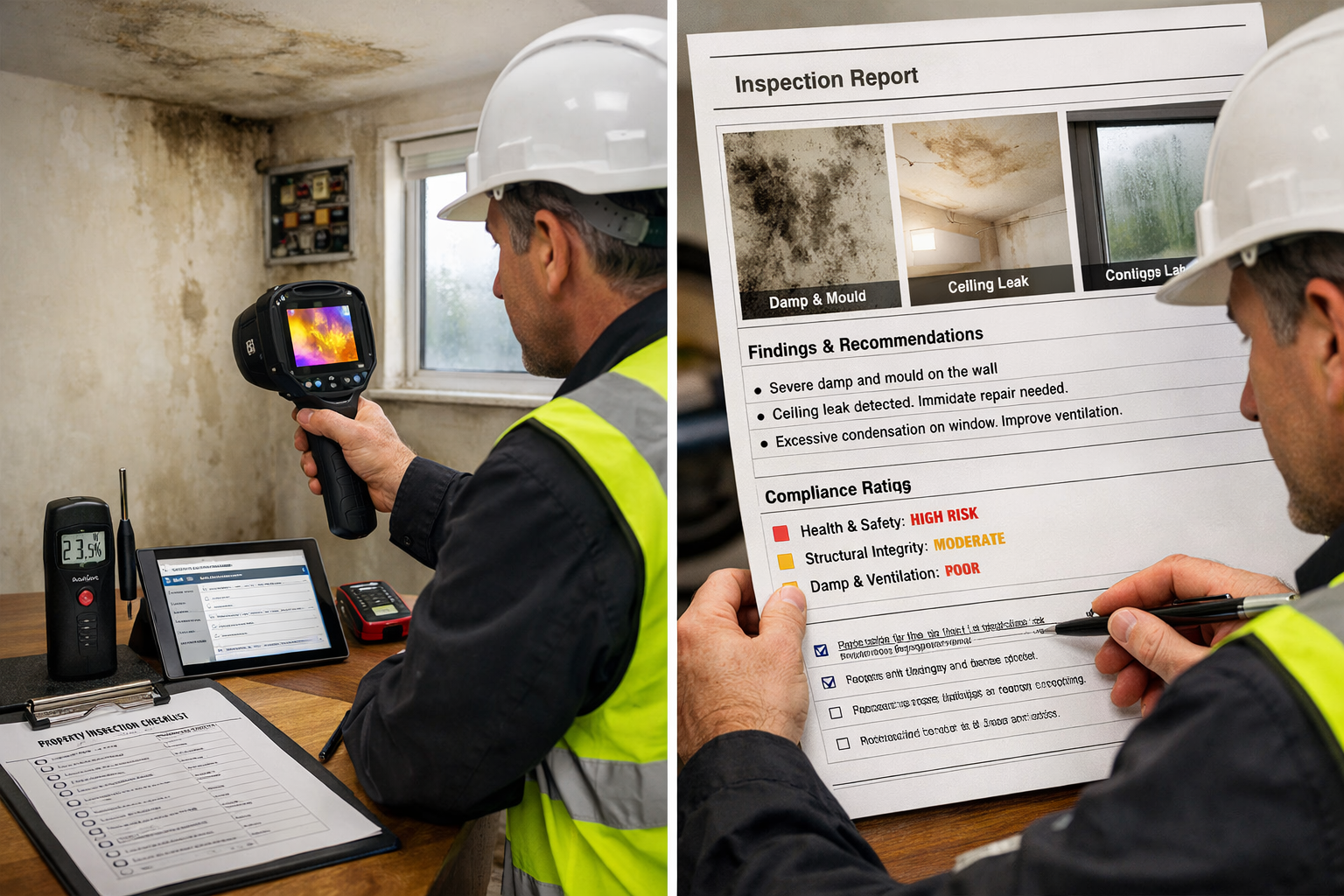 () detailed scene showing professional chartered surveyor conducting comprehensive building inspection in rental property,