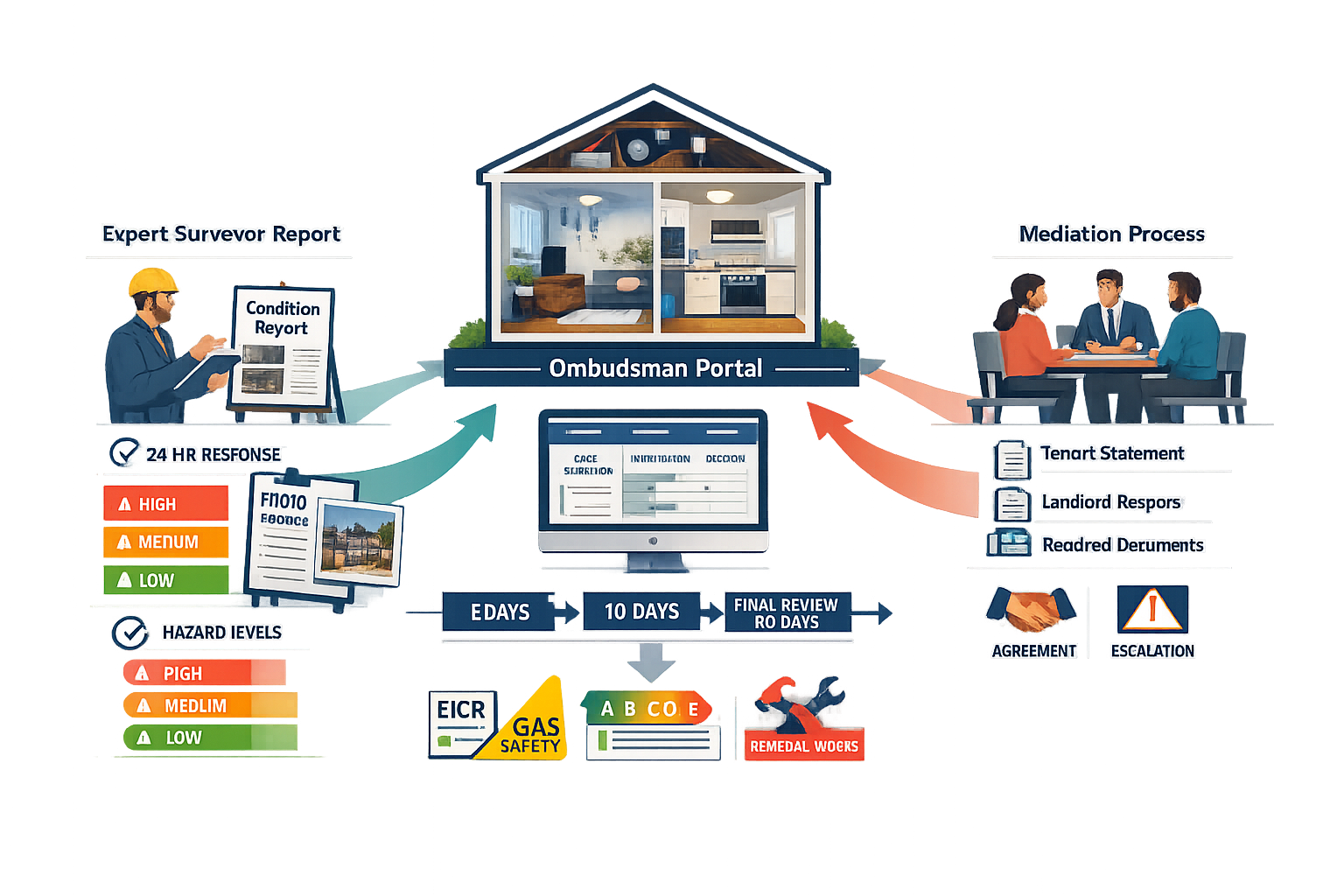 () conceptual illustration showing rental property dispute resolution pathway under new Ombudsman system. Central image of
