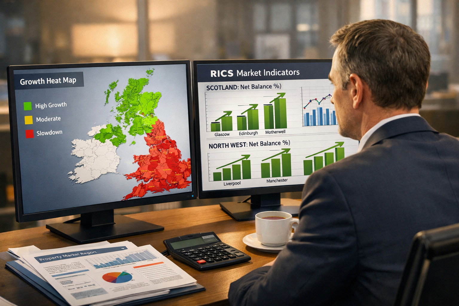 Detailed () illustration showing professional chartered surveyor analyzing comparative market data on dual monitors in
