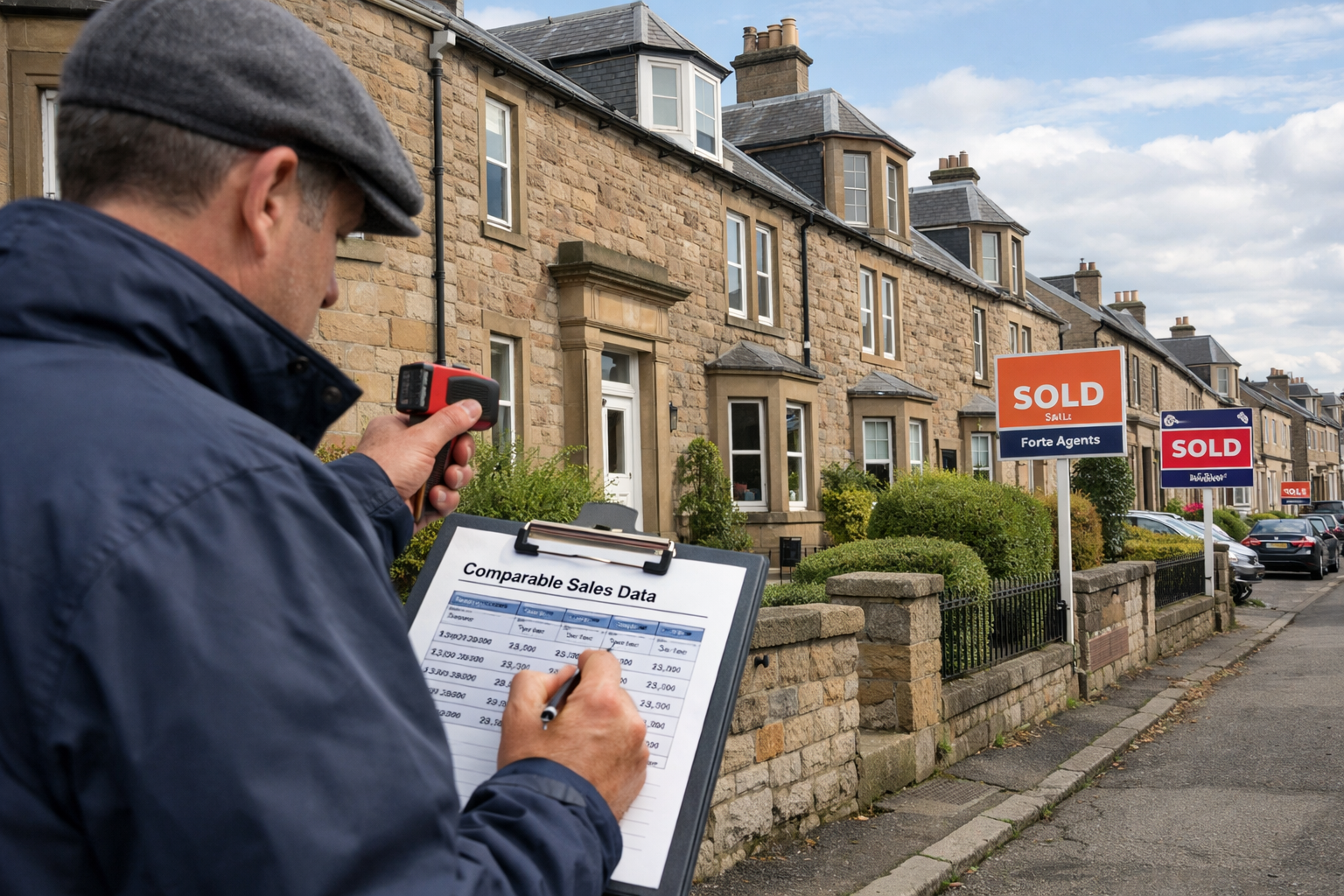Wide-angle () scene of property valuation inspection in progress showing RICS-qualified surveyor with clipboard and laser