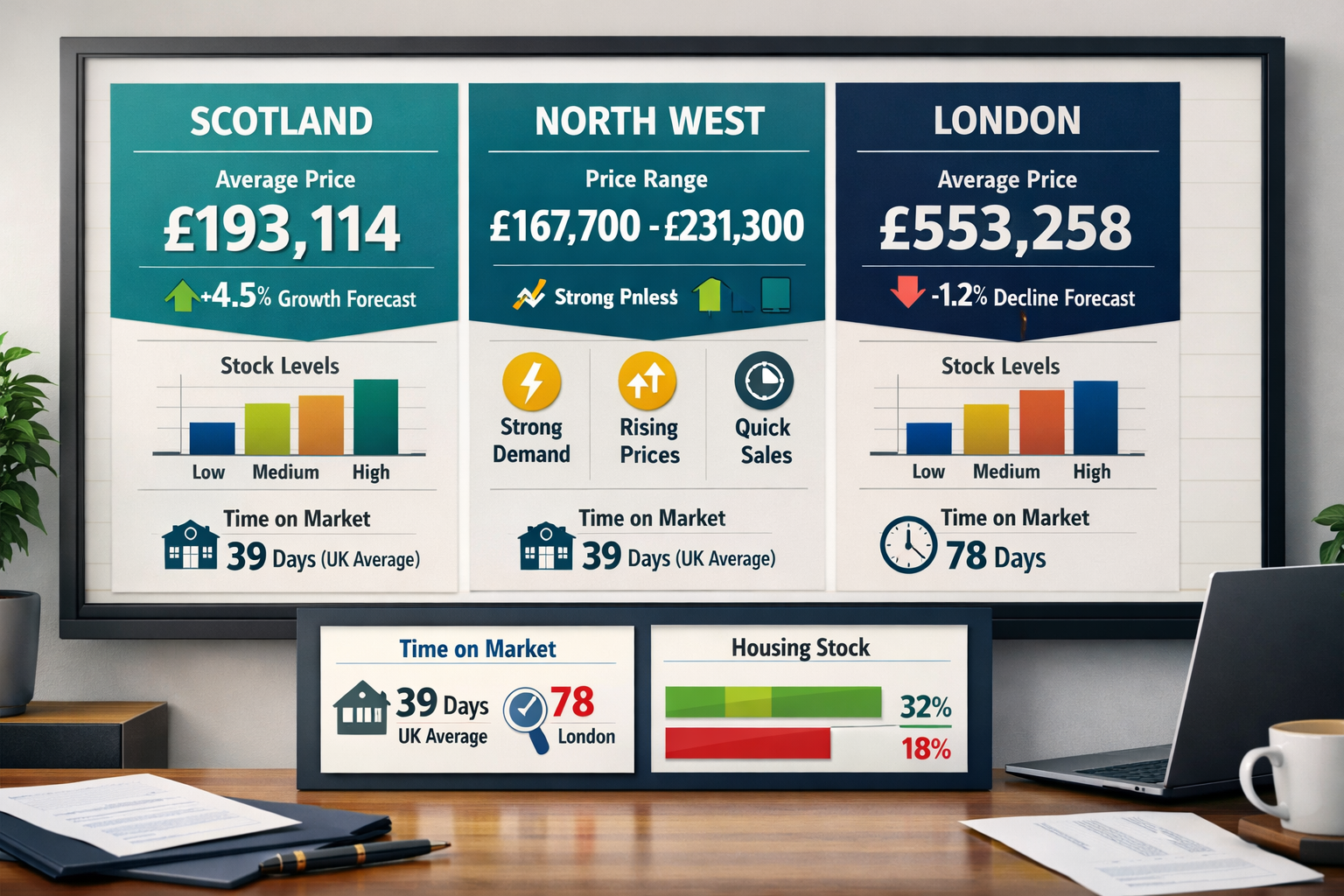 Detailed () infographic-style composition showing regional property price comparison dashboard. Central focus on large