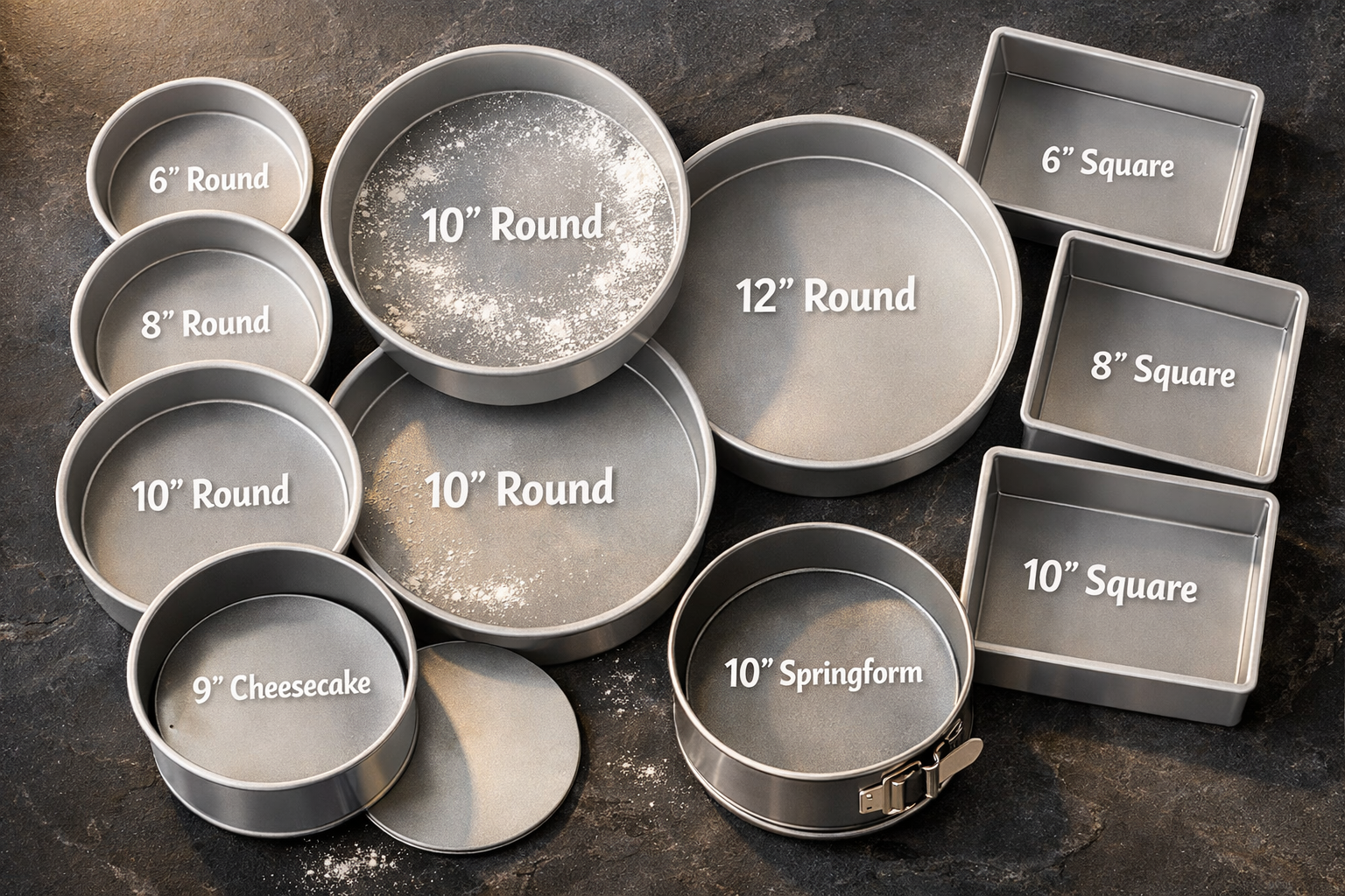 Magic Line Pans Digital illustration, graphic design style, Landscape format (1536x1024) overhead flat-lay shot of multiple Magic Line cake pans in various sizes arranged in a fan pattern on a dark slate surface — round pans from 6-inch to 14-inch, square pans, and specialty cheesecake pans with removable bottoms visible. Warm natural light from upper left, each pan labeled with size, professional food photography style, crisp shadows, silver aluminum finish catching the light, baking flour dusted on one pan for texture and realism.