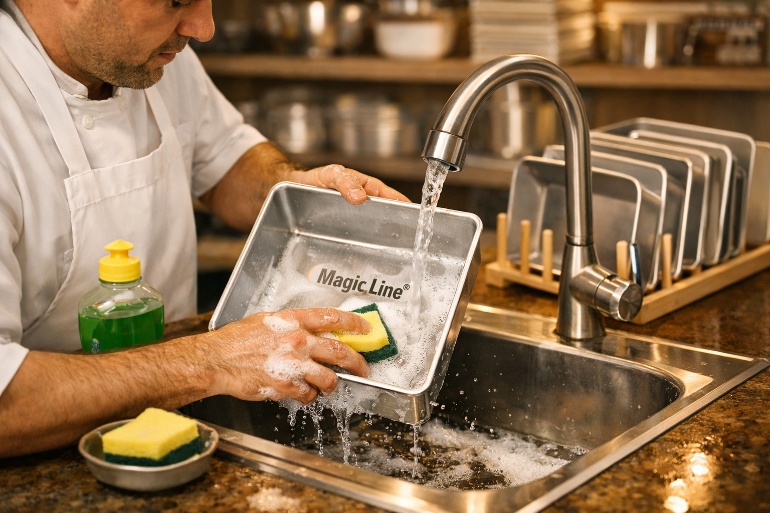 Magic Line Aluminum Pan Digital illustration, graphic design style, Landscape format (1536x1024) showing a professional baker in a white apron carefully washing a Magic Line aluminum pan under a stainless steel sink, with a soft sponge and mild dish soap visible. Adjacent to the sink, several clean pans air-dry on a wooden rack. Warm kitchen lighting, shallow depth of field focused on the pan being cleaned, background showing organized bakeware storage. Lifestyle photography style, warm tones, practical and instructional visual mood.