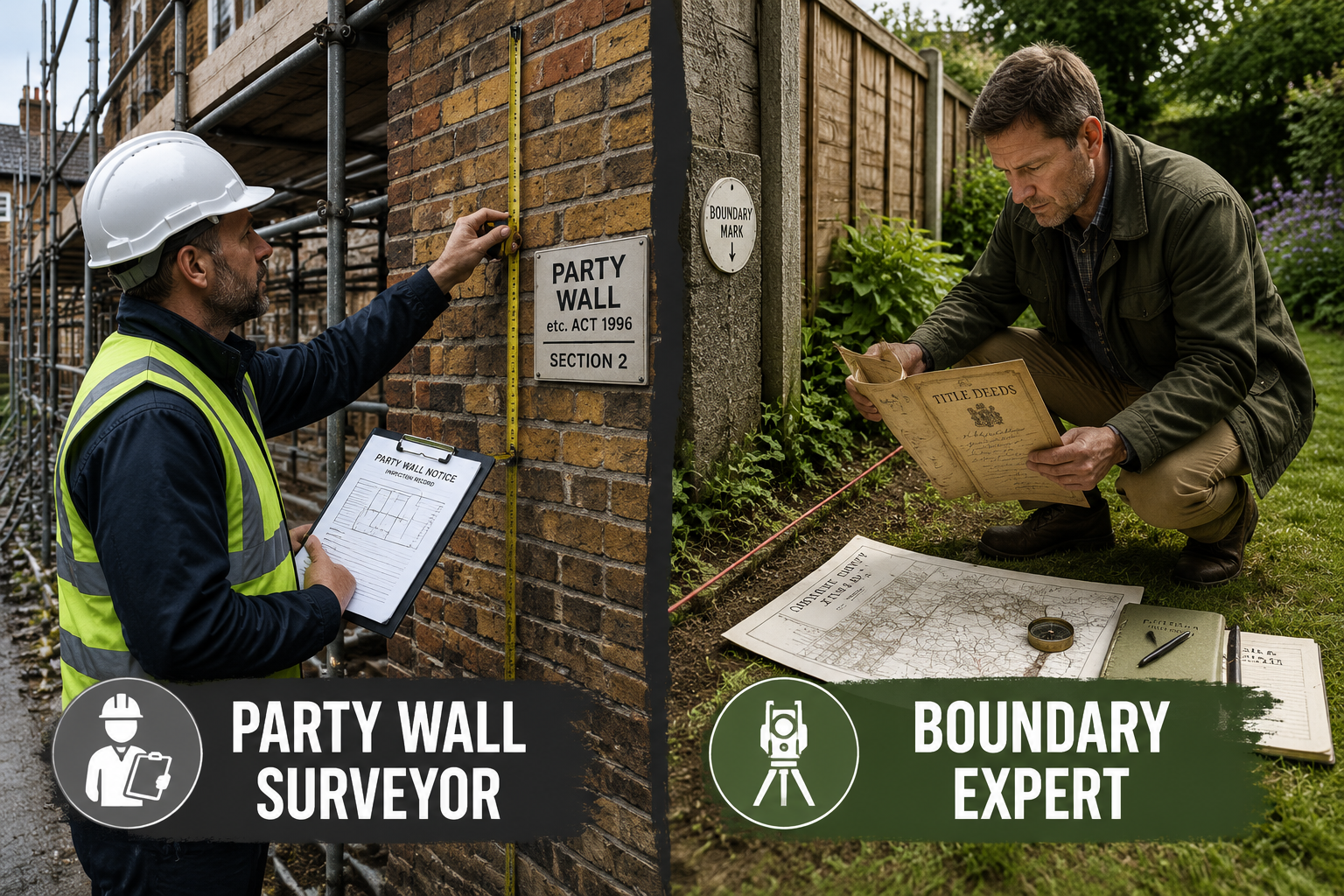 Detailed () illustration showing a split-scene comparison: left side depicts a UK party wall surveyor in a hard hat holding