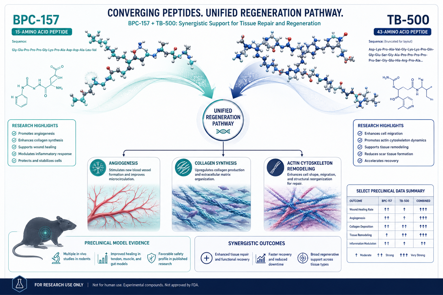 Detailed () scientific infographic illustration showing two peptide molecular structures labeled BPC-157 and TB-500