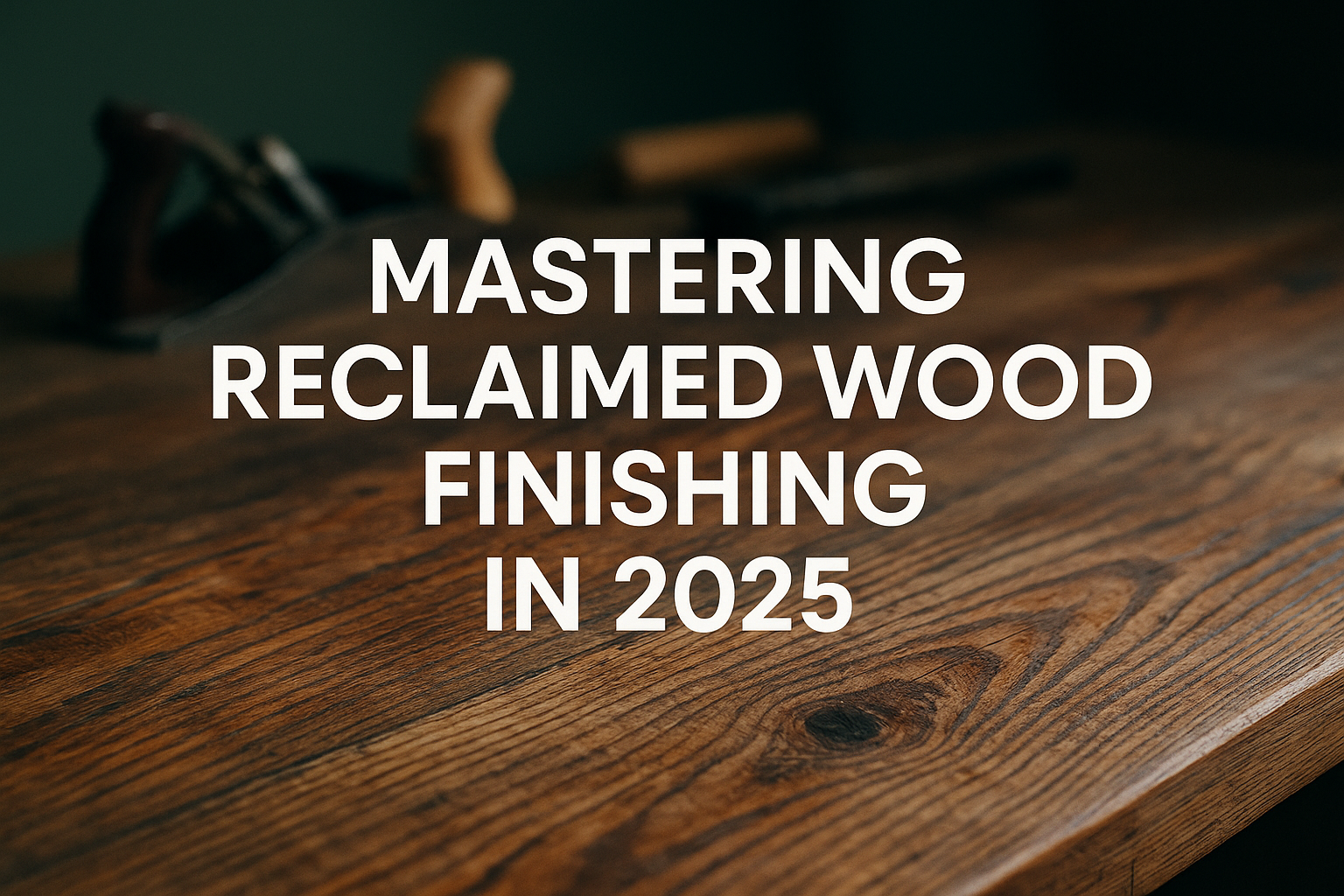 Professional landscape hero image (1536x1024) with bold text overlay: 'Mastering Reclaimed Wood Finishing in 2025', modern sans-serif 70pt w