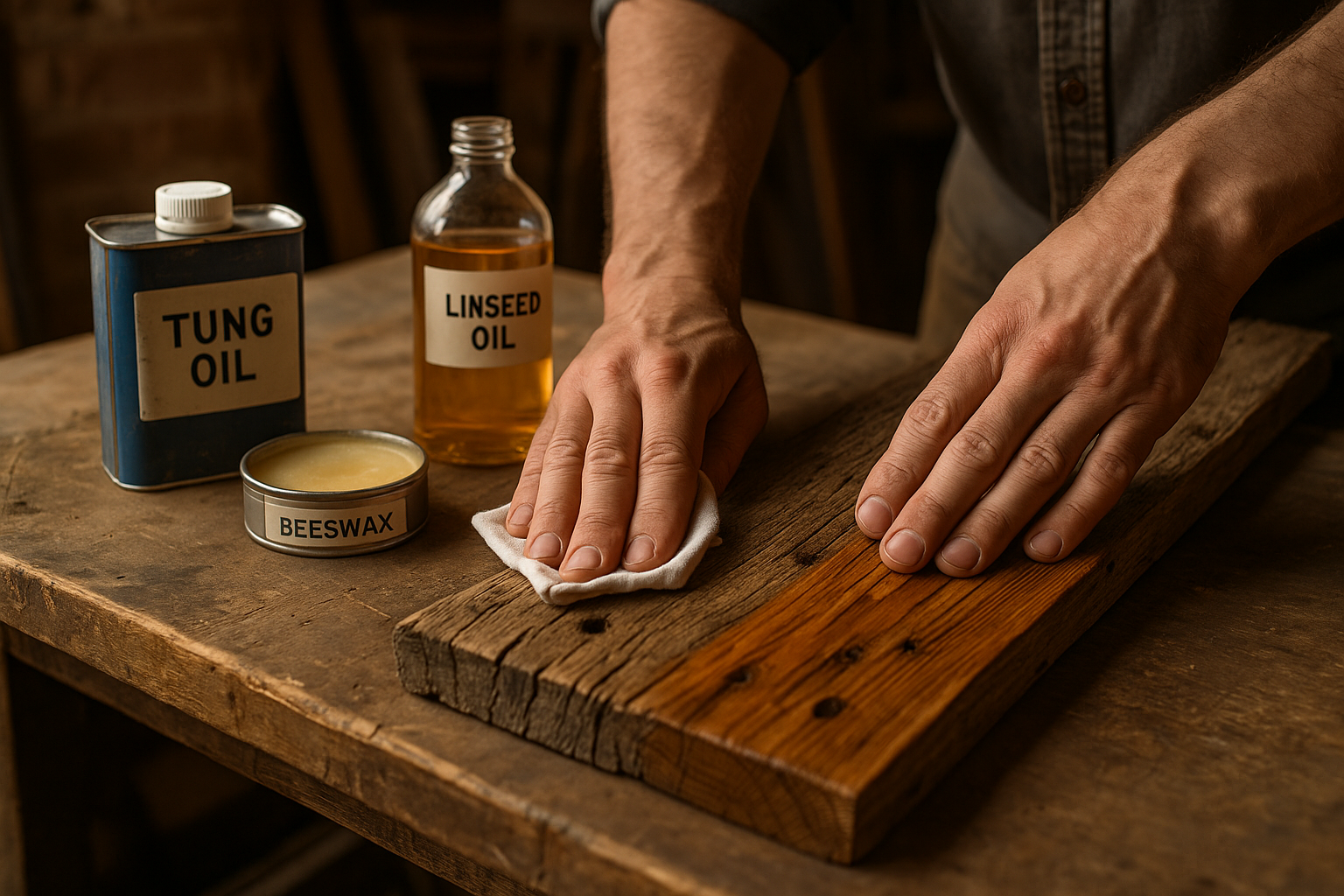 A detailed close-up shot of a skilled craftsman applying a natural oil finish to a piece of reclaimed barnwood, highlighting the wood's uniq