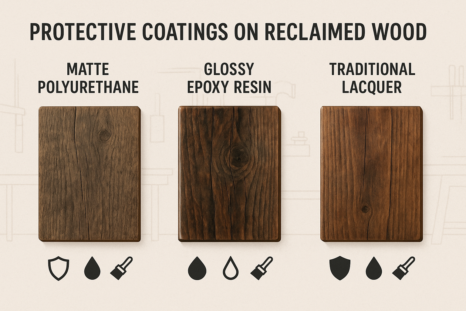 An illustrative infographic or series of vignettes demonstrating different types of protective coatings on reclaimed wood: a matte polyureth