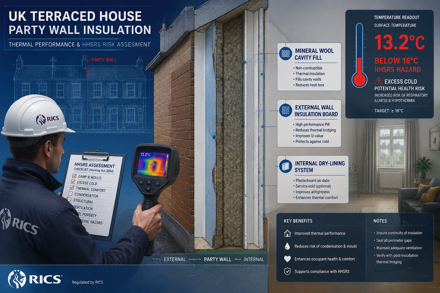 Detailed () editorial infographic-style image showing a cross-section diagram of a UK terraced house party wall with labeled