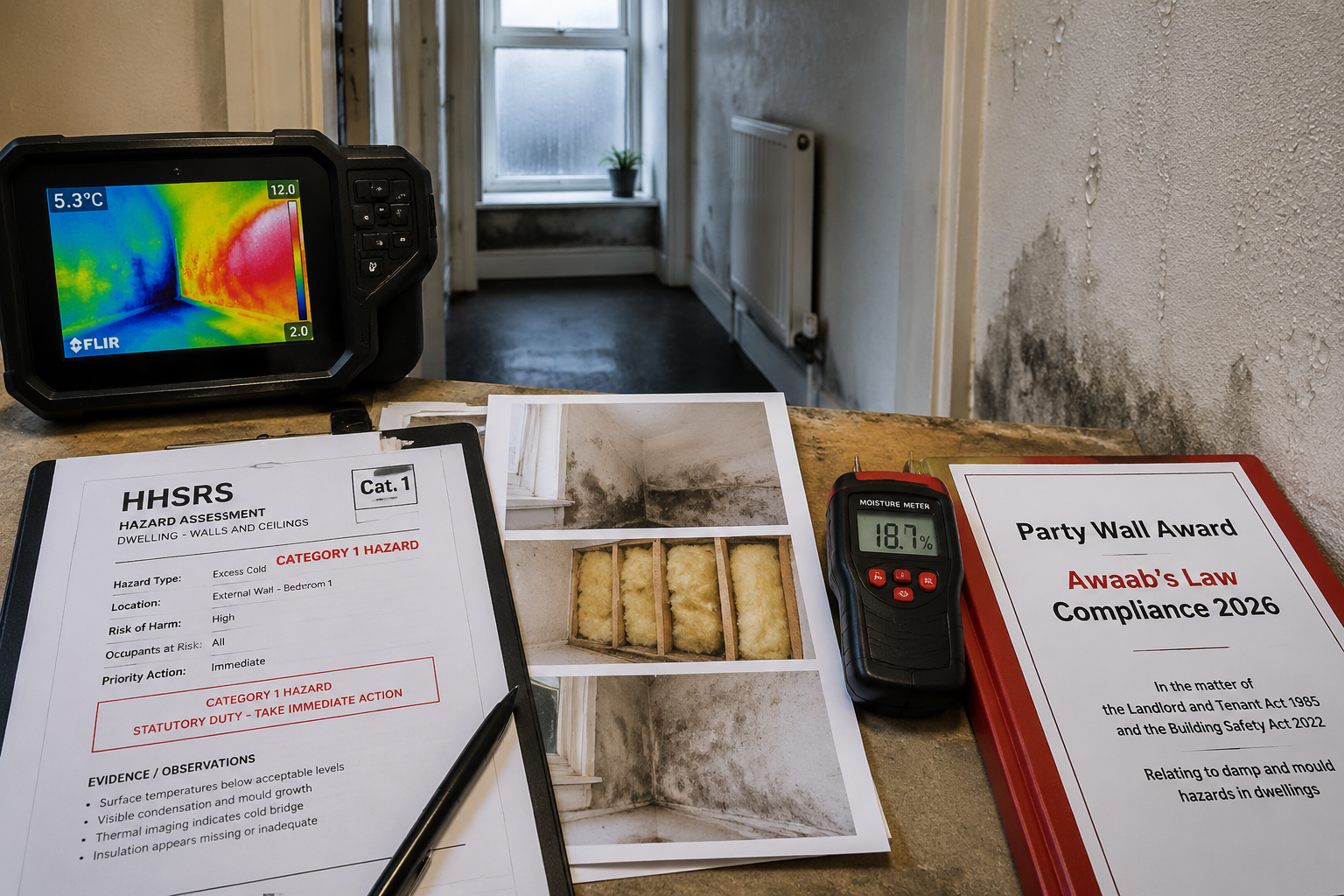Detailed () image showing a close-up overhead view of a party wall surveyor's inspection kit laid on a site table: thermal