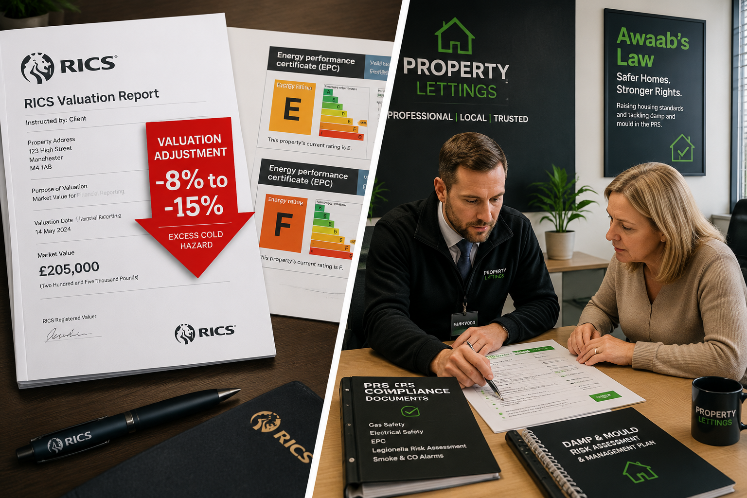Detailed () split-panel editorial image: left panel shows a professional RICS property valuation report on a desk with a red